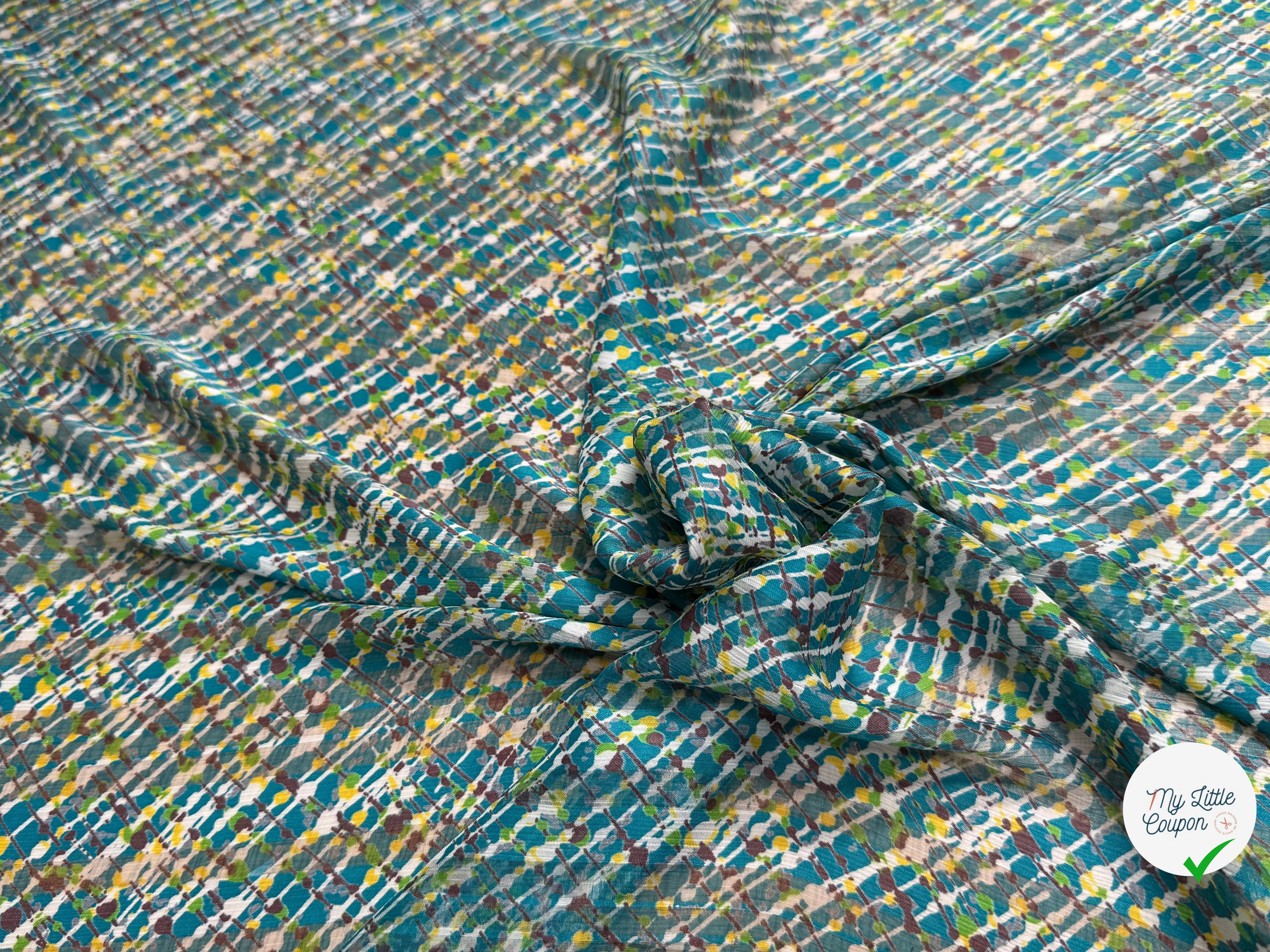 CREPON IMPRIMÉ MULTICOLORES OEUVRE D'ART FOND TURQUOISE - My Little Coupon