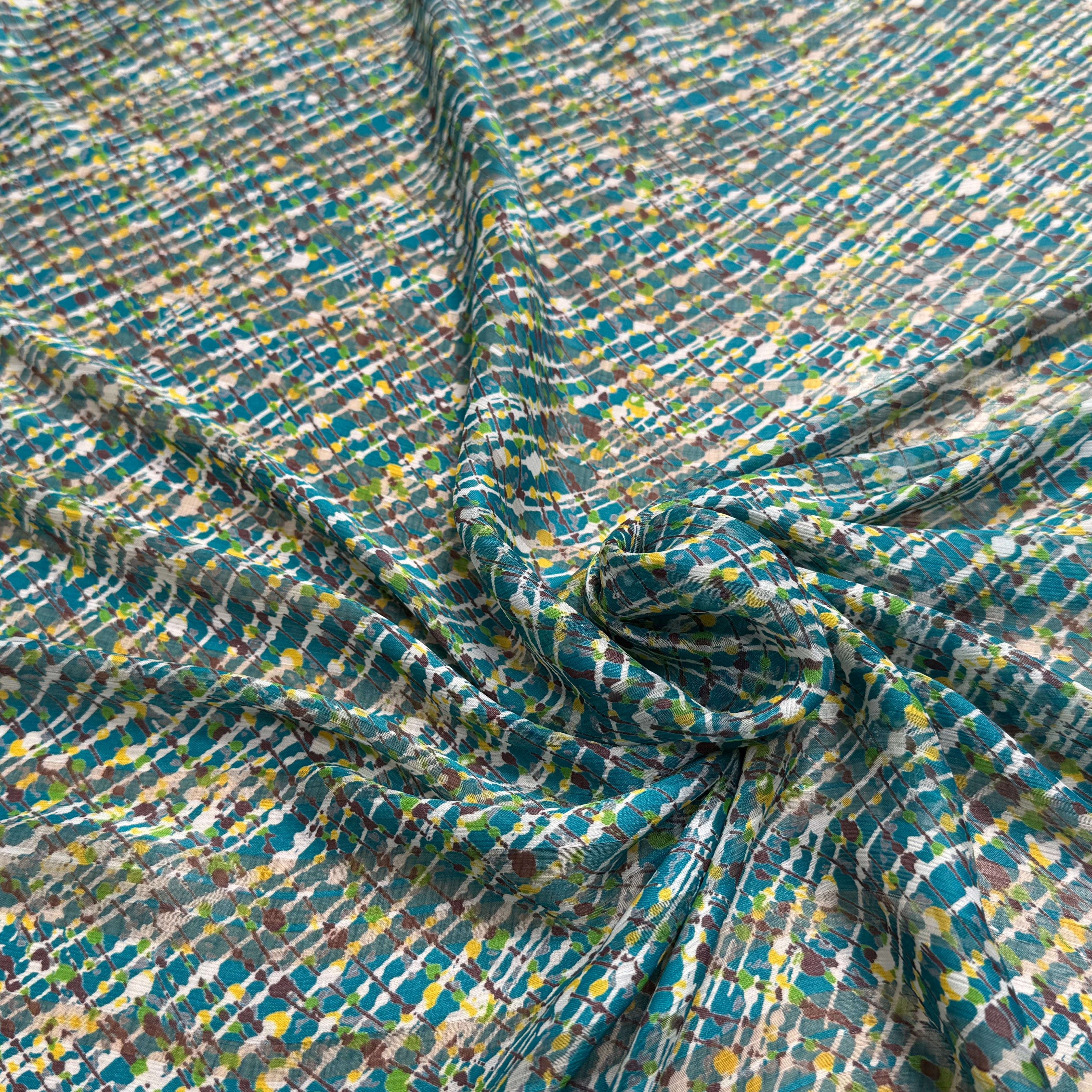 CREPON IMPRIMÉ MULTICOLORES OEUVRE D'ART FOND TURQUOISE - My Little Coupon