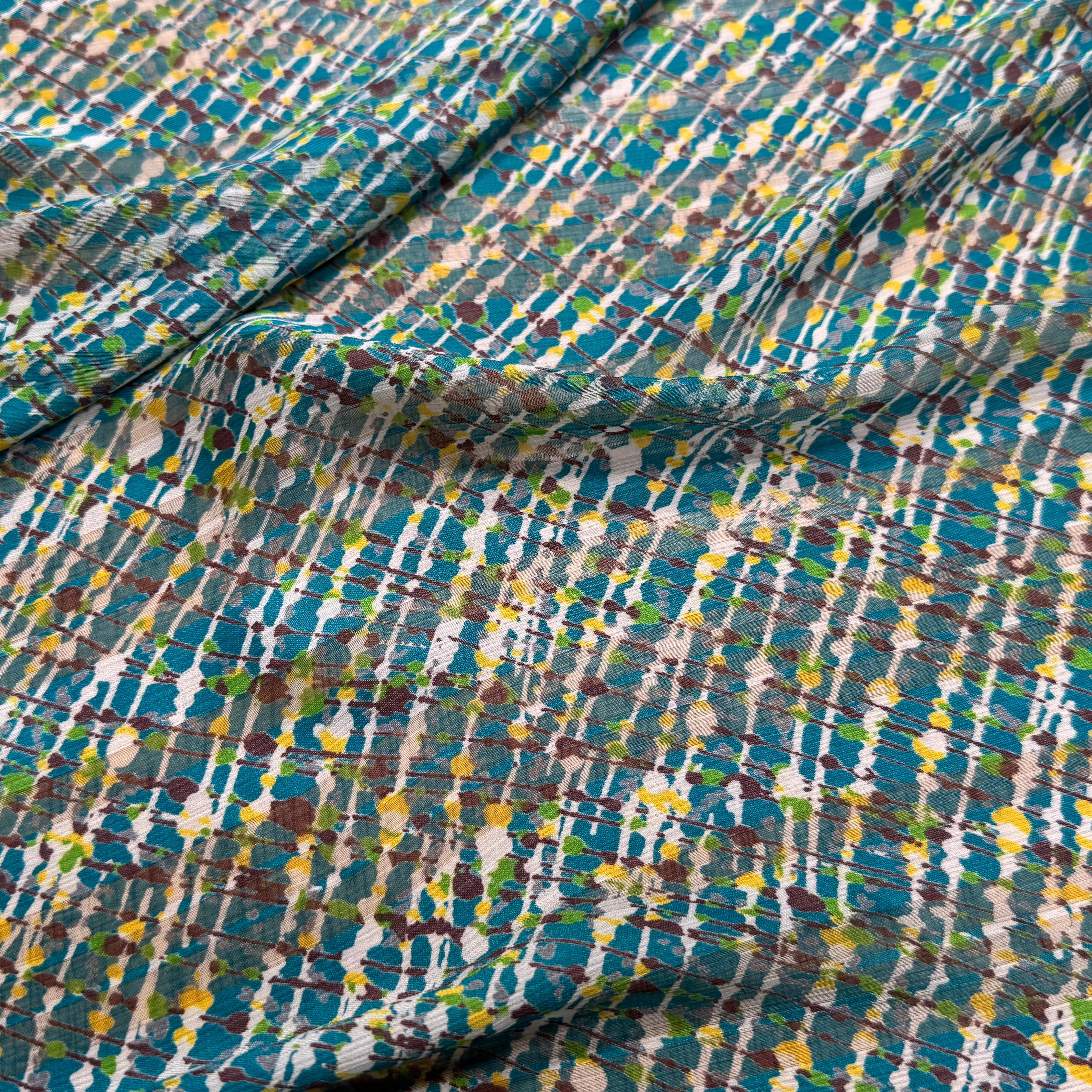 CREPON IMPRIMÉ MULTICOLORES OEUVRE D'ART FOND TURQUOISE - My Little Coupon