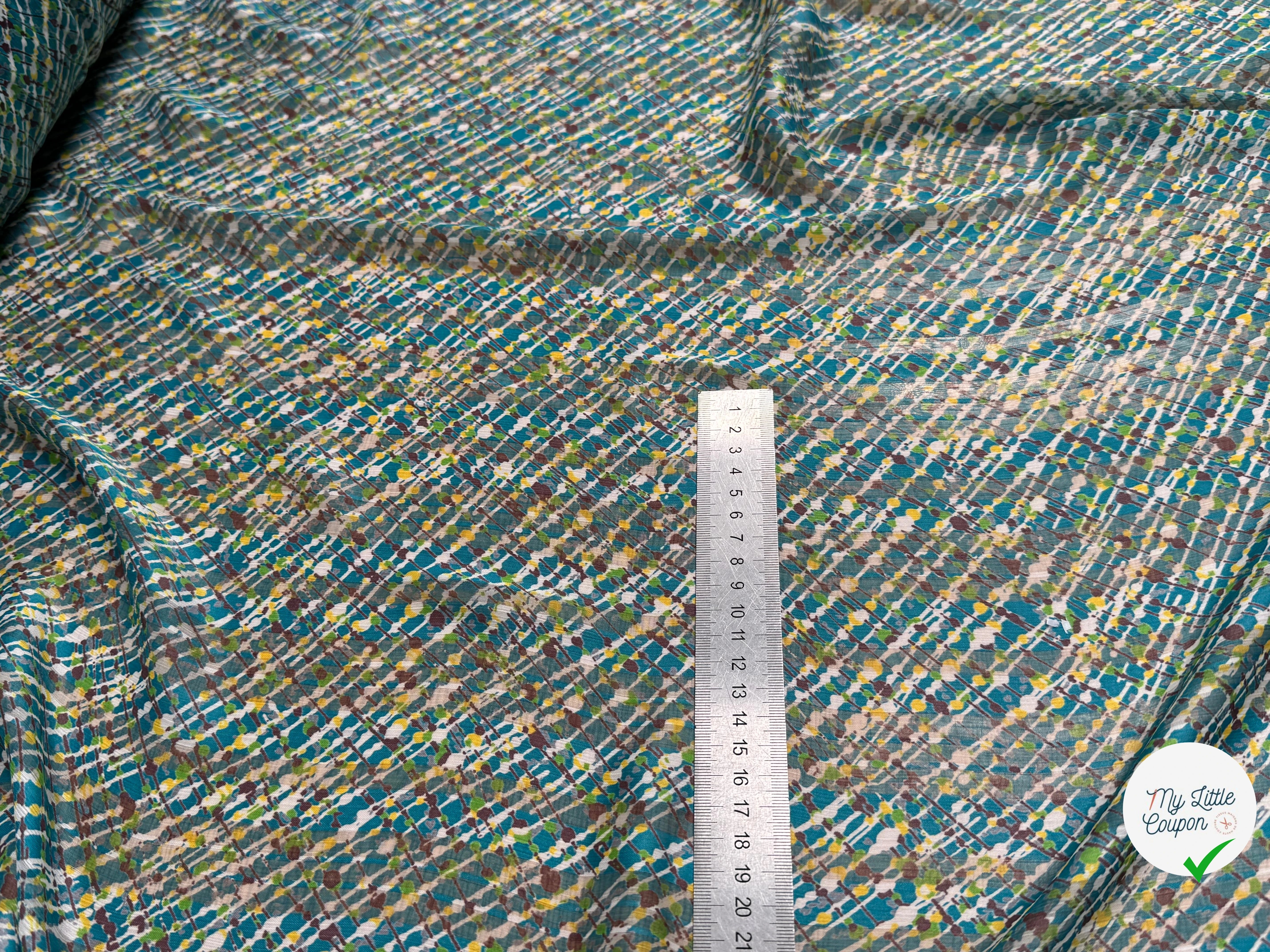 CREPON IMPRIMÉ MULTICOLORES OEUVRE D'ART FOND TURQUOISE - My Little Coupon