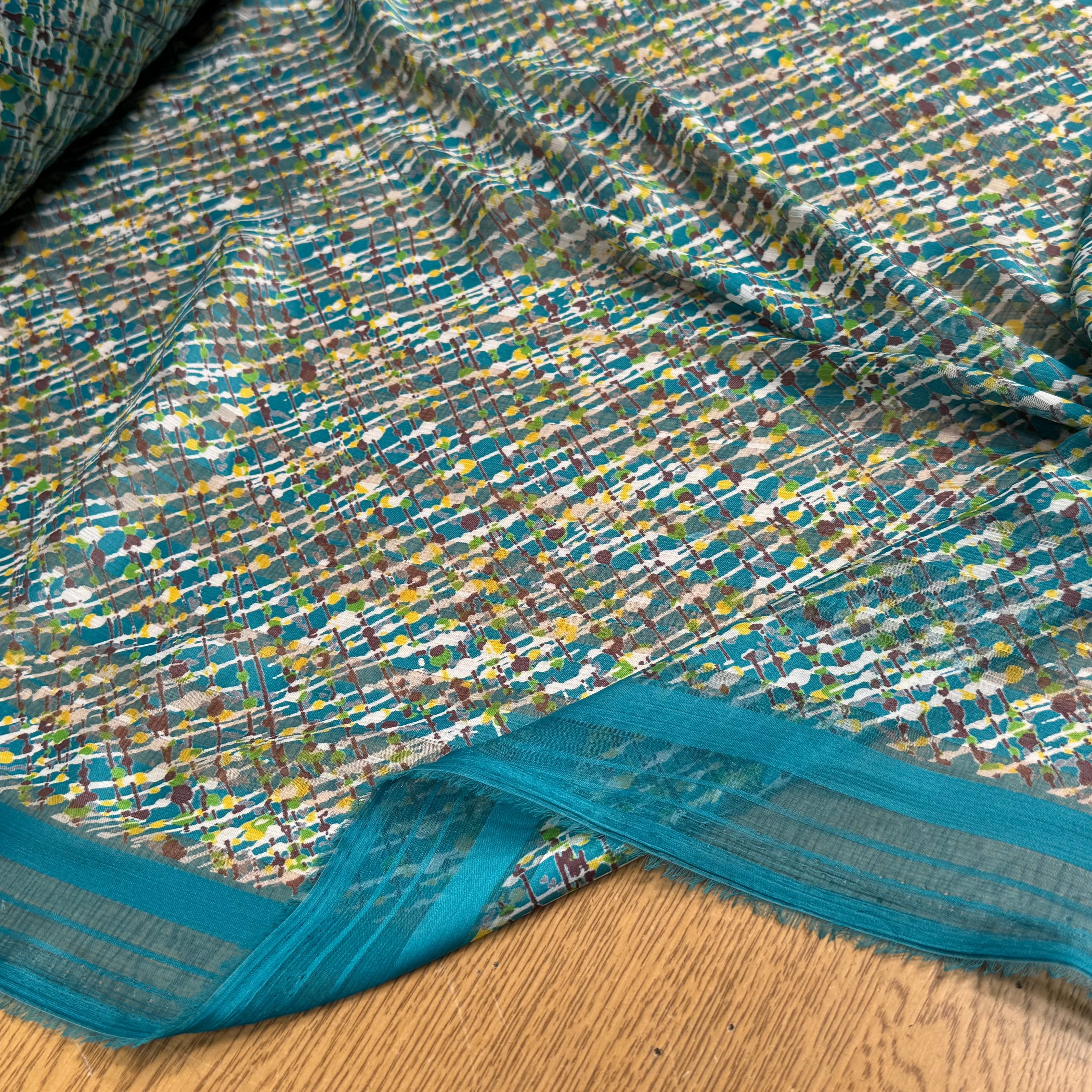 CREPON IMPRIMÉ MULTICOLORES OEUVRE D'ART FOND TURQUOISE - My Little Coupon