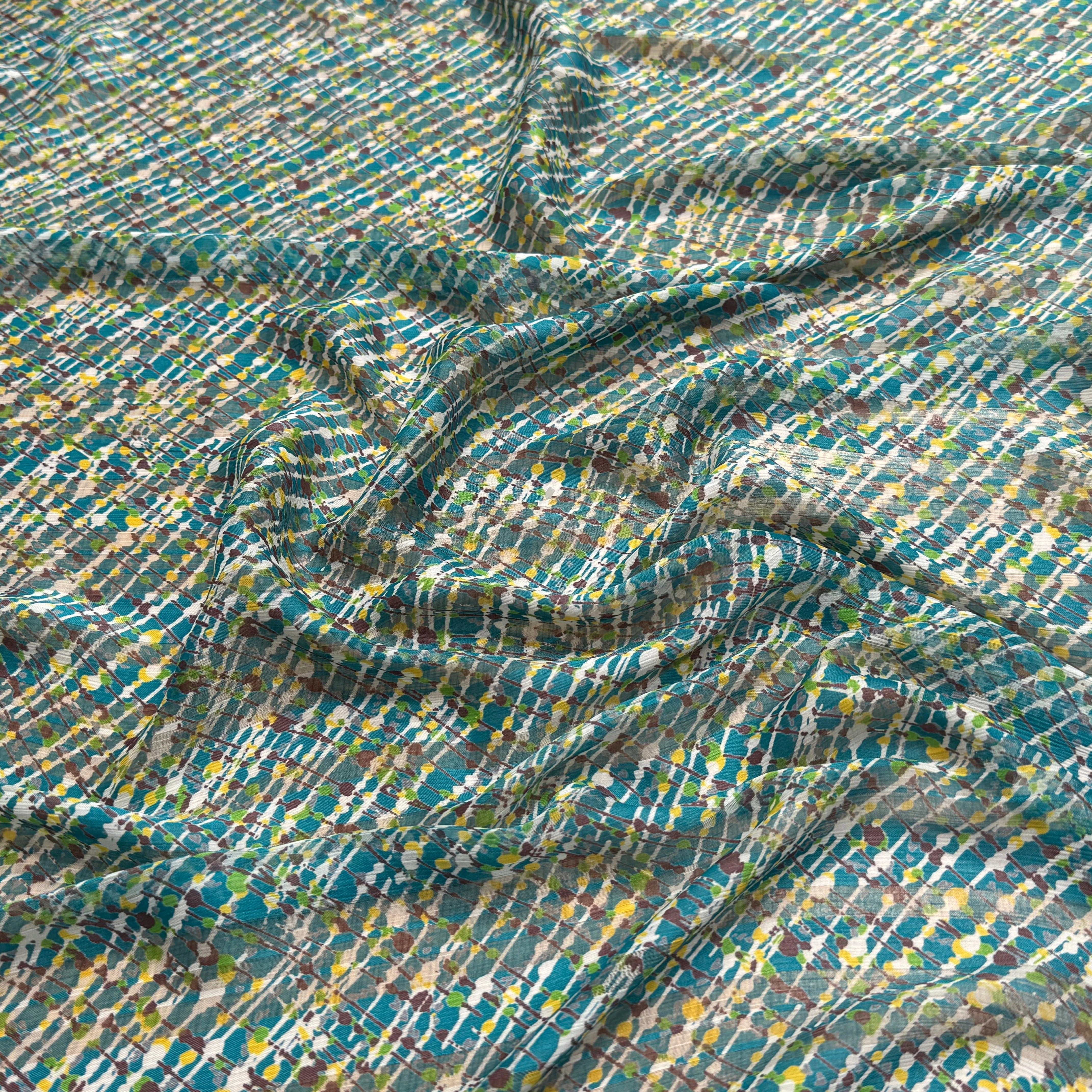 CREPON IMPRIMÉ MULTICOLORES OEUVRE D'ART FOND TURQUOISE - My Little Coupon