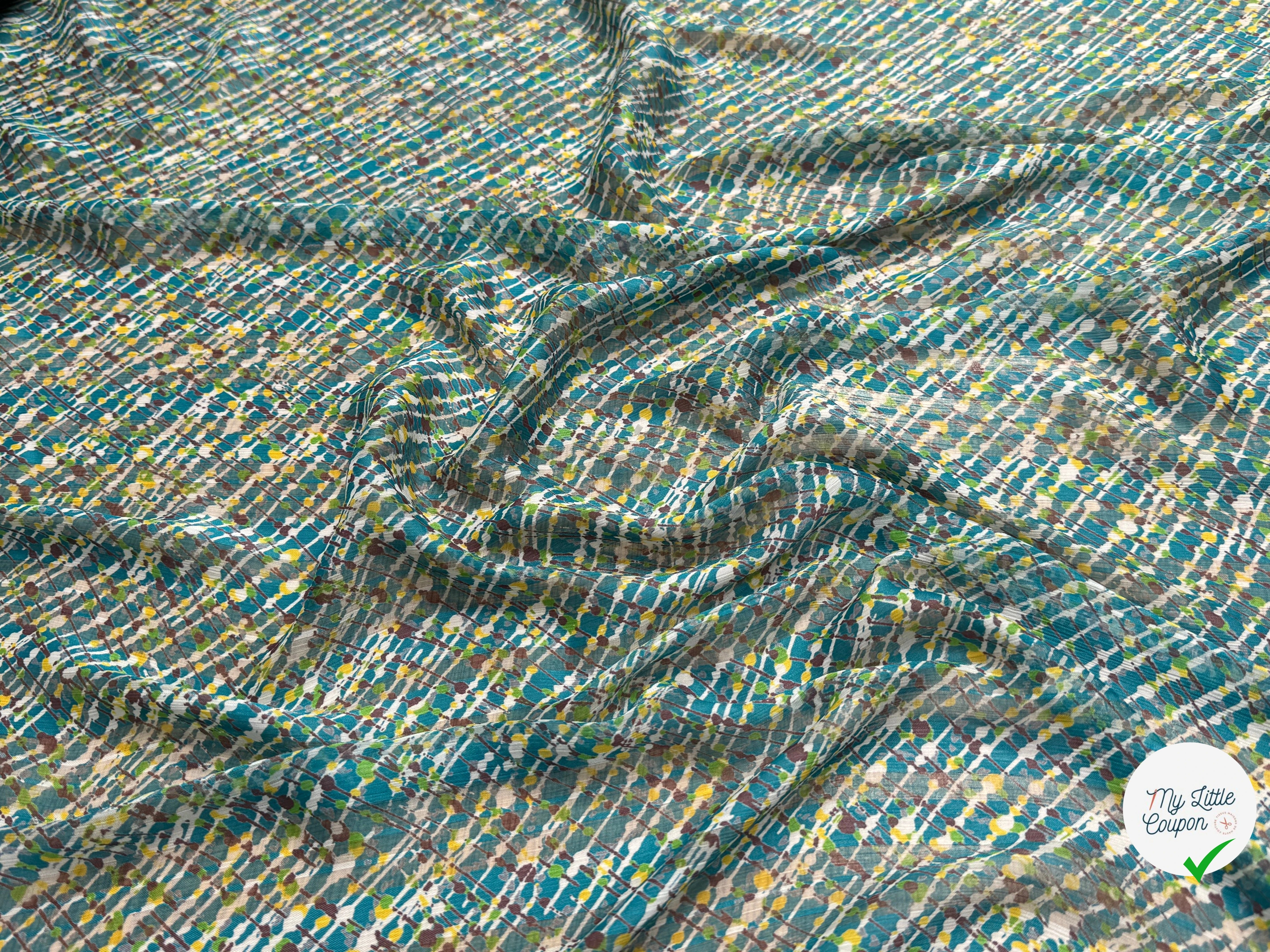 CREPON IMPRIMÉ MULTICOLORES OEUVRE D'ART FOND TURQUOISE - My Little Coupon