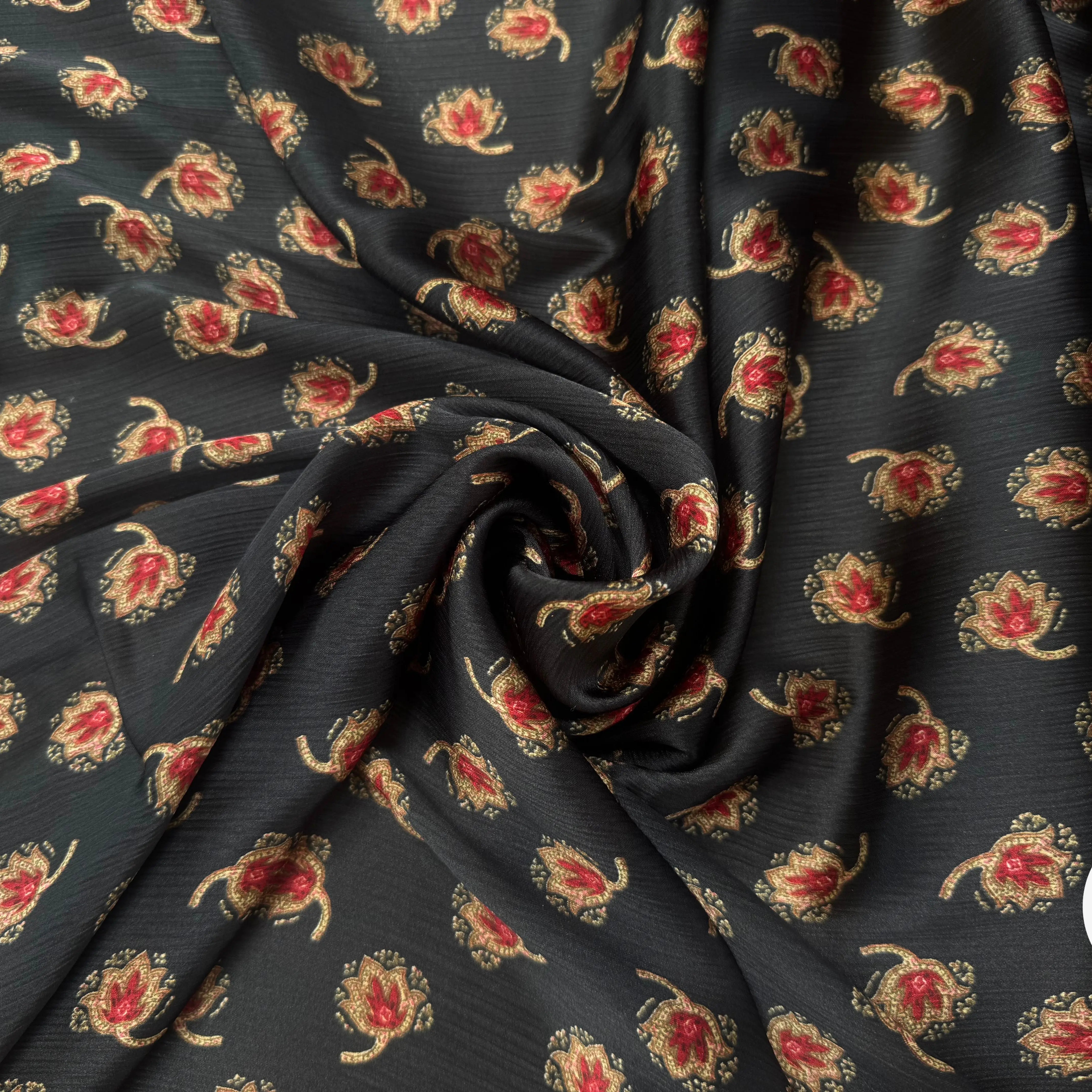 CREPON PLISSÉ FOND NOIR FLEURS ROUGE ET JAUNE - My Little Coupon