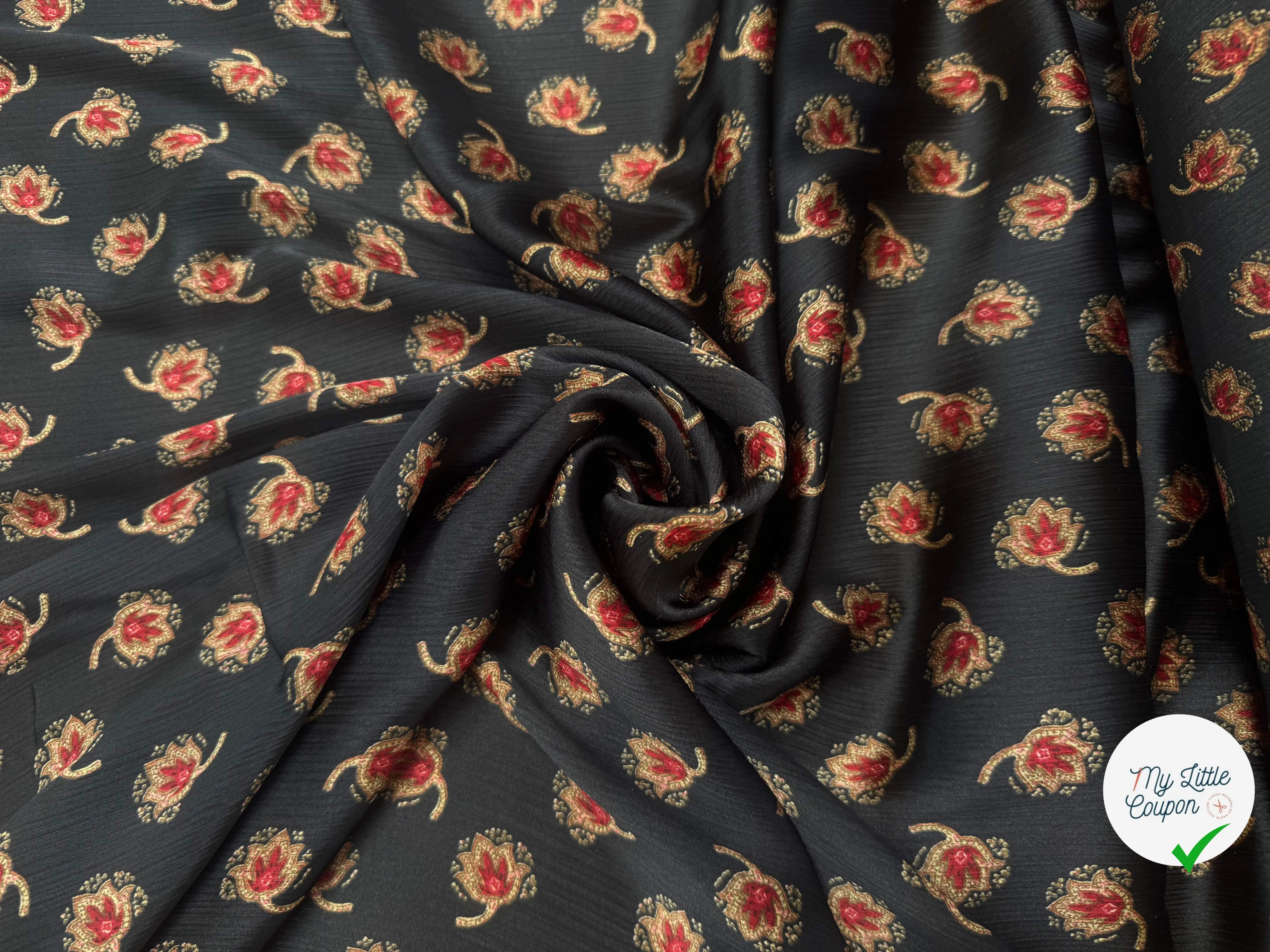 CREPON PLISSÉ FOND NOIR FLEURS ROUGE ET JAUNE - My Little Coupon