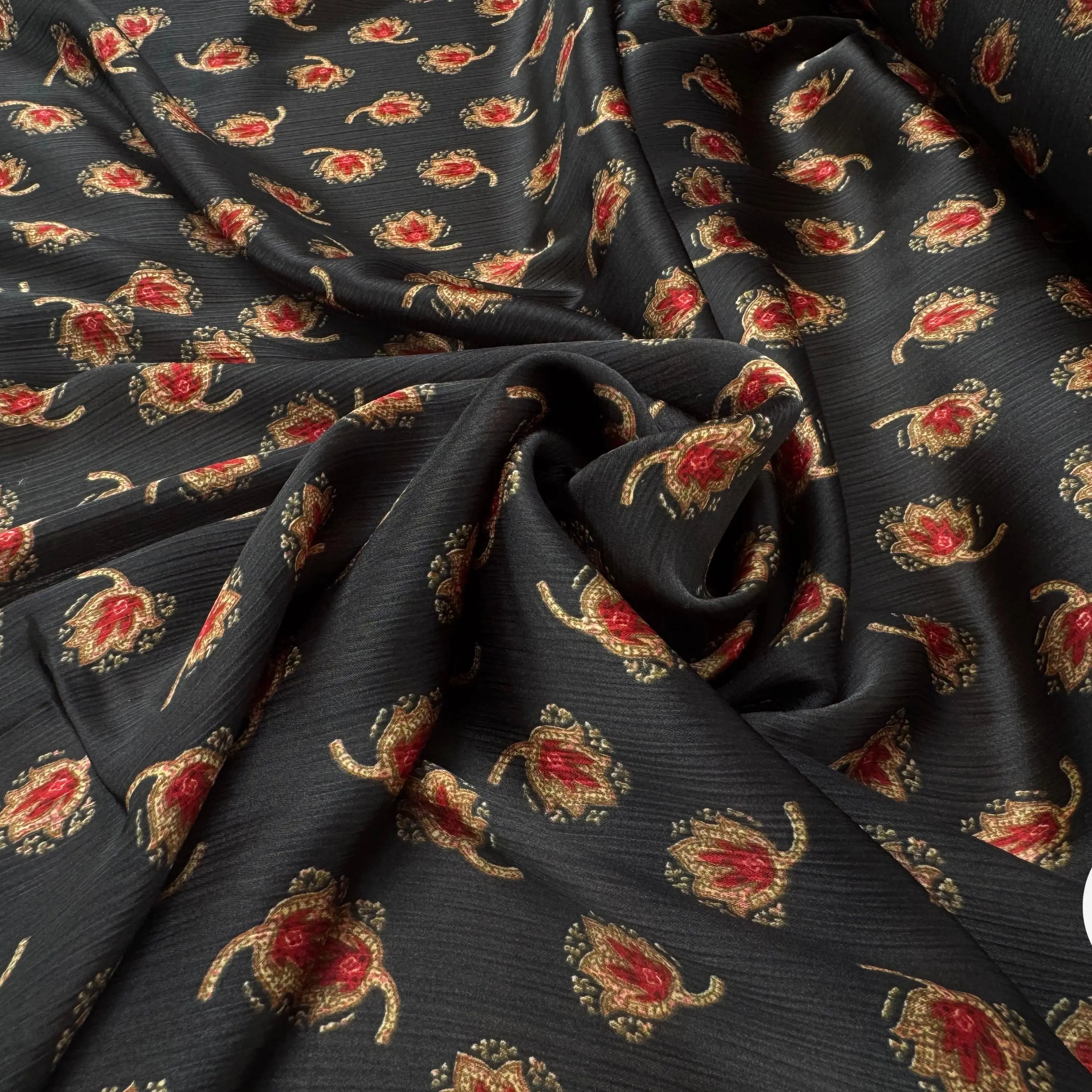 CREPON PLISSÉ FOND NOIR FLEURS ROUGE ET JAUNE - My Little Coupon