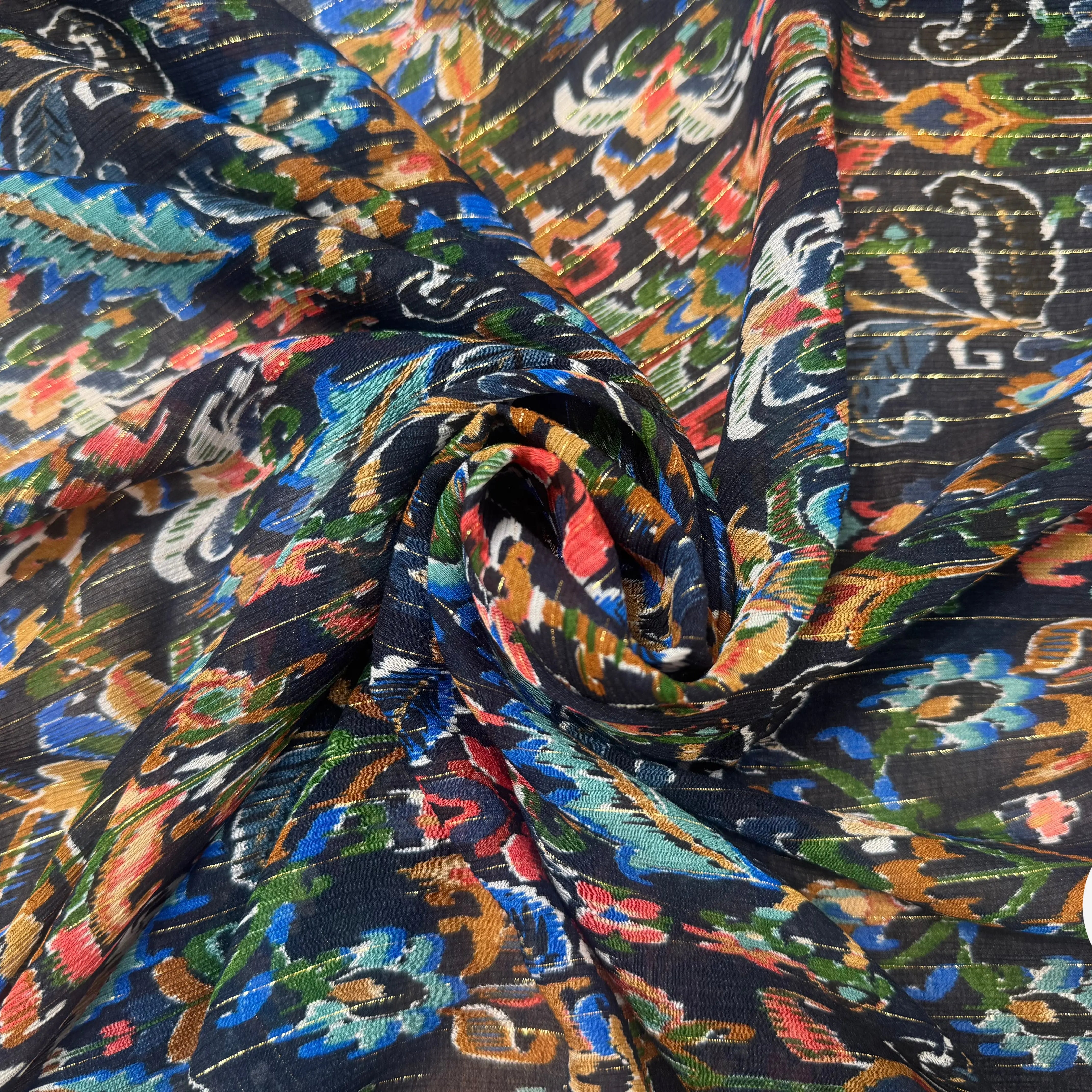 CREPON VISCOSE SOIE PAILÉ MULTICOLORE FOND NOIR RAYÉ - My Little Coupon