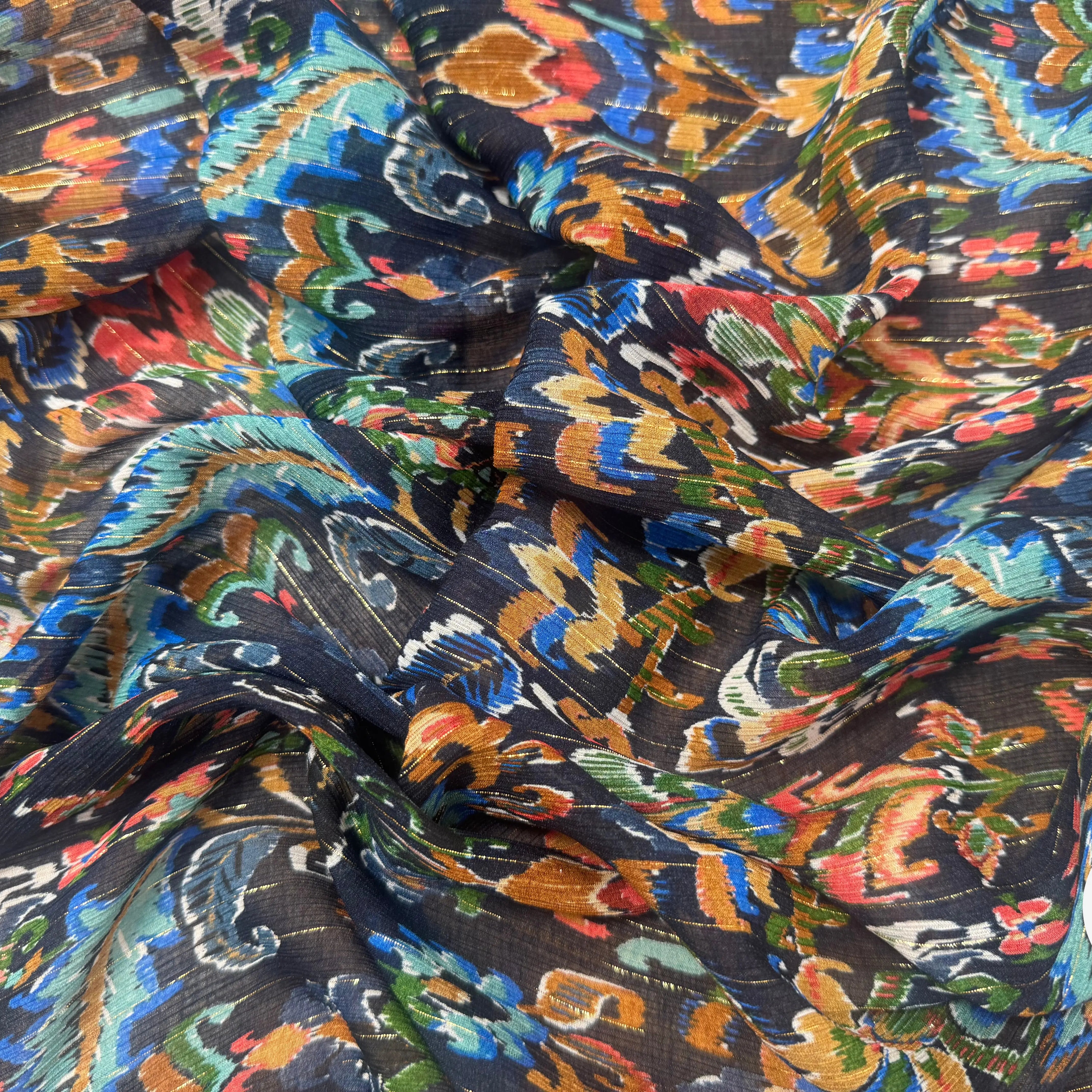 CREPON VISCOSE SOIE PAILÉ MULTICOLORE FOND NOIR RAYÉ - My Little Coupon