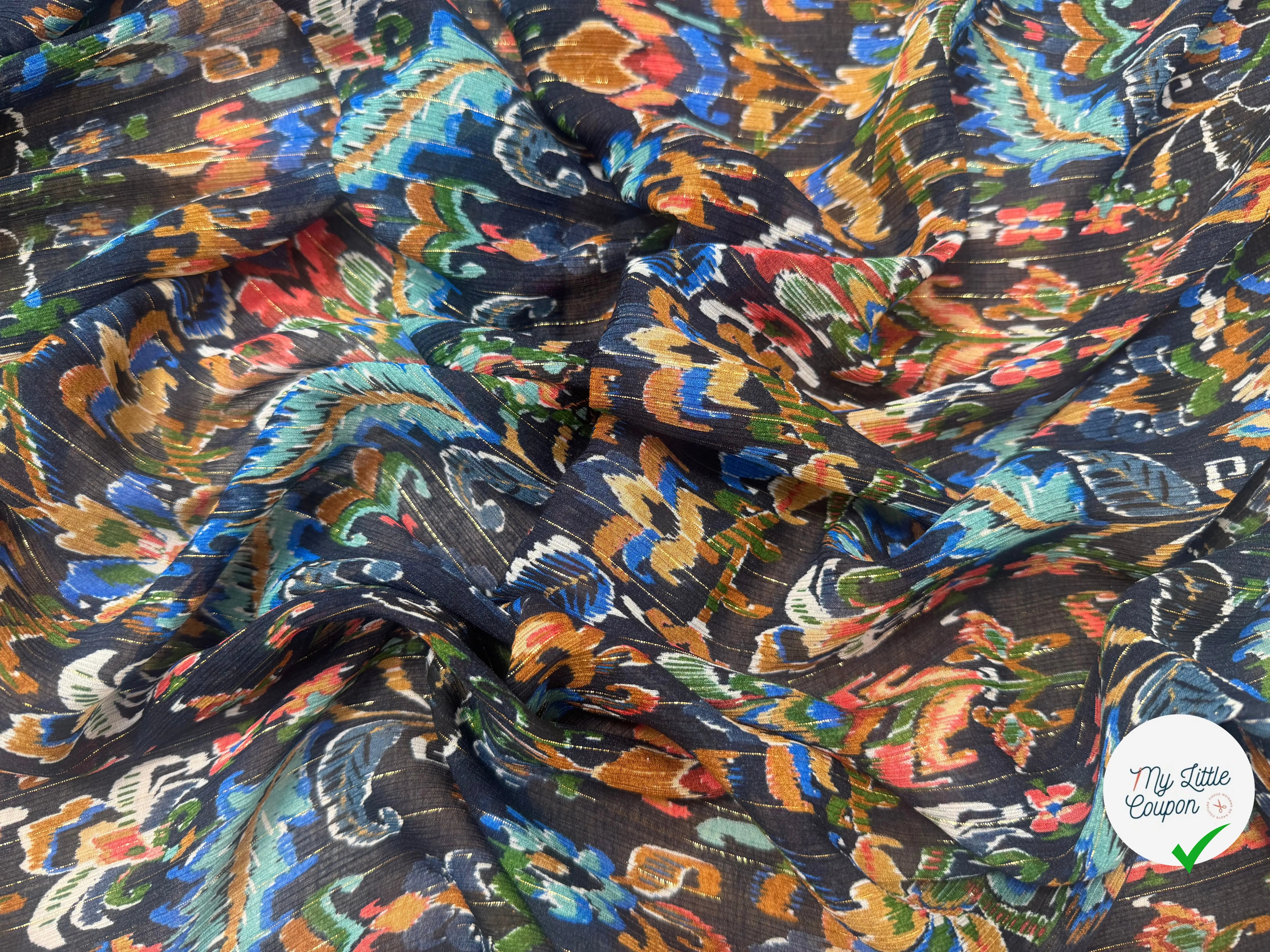 CREPON VISCOSE SOIE PAILÉ MULTICOLORE FOND NOIR RAYÉ - My Little Coupon