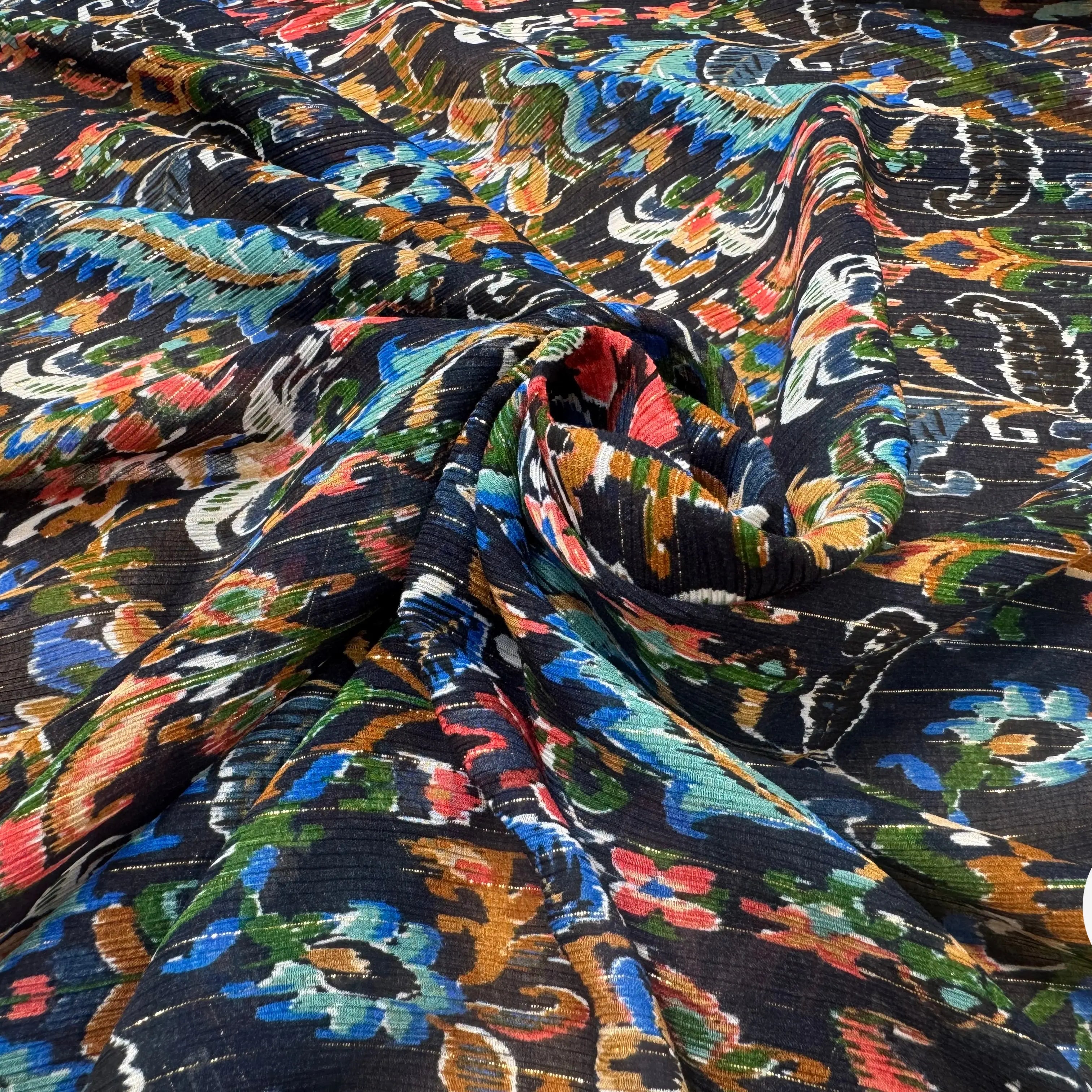 CREPON VISCOSE SOIE PAILÉ MULTICOLORE FOND NOIR RAYÉ - My Little Coupon