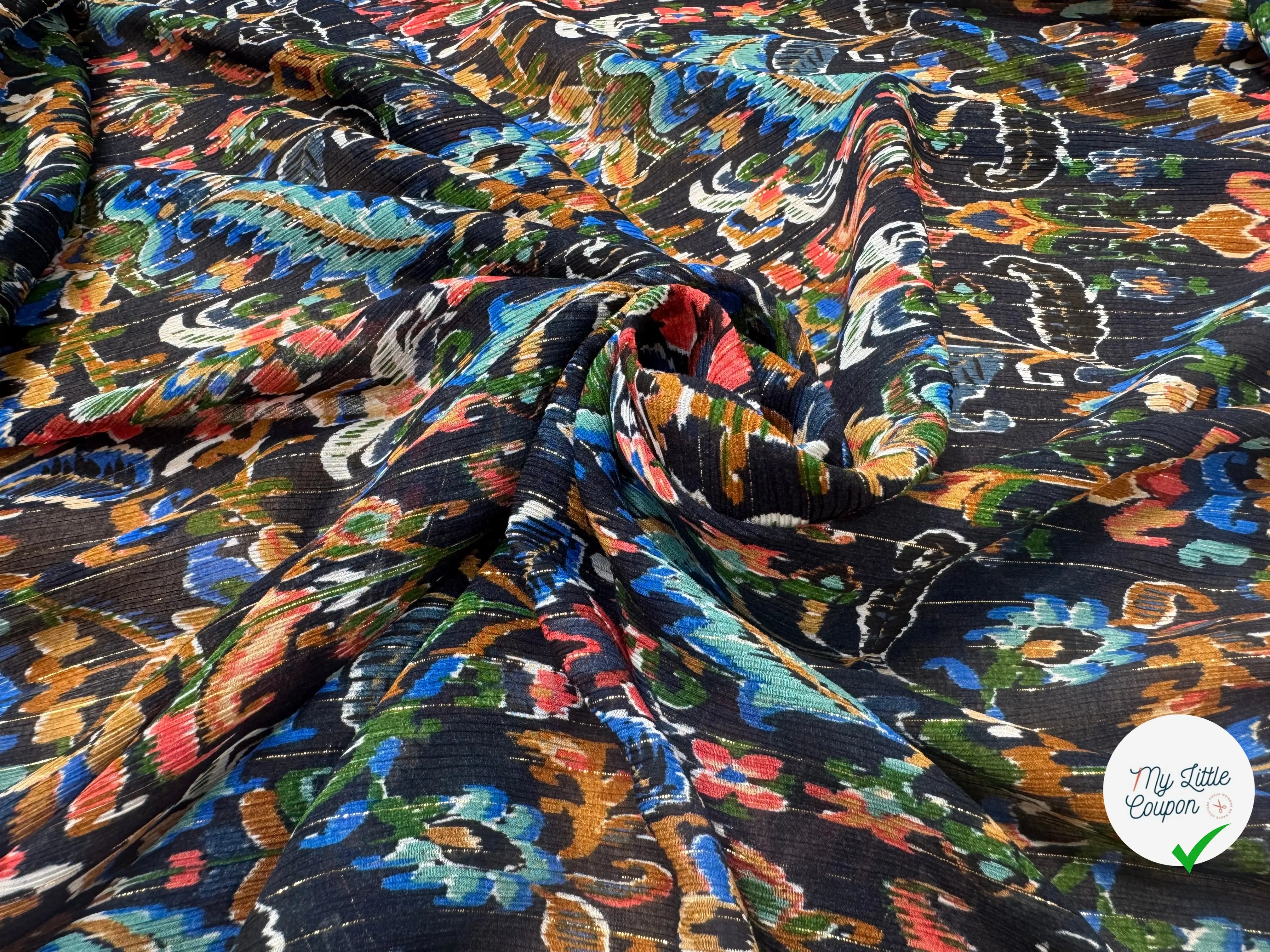 CREPON VISCOSE SOIE PAILÉ MULTICOLORE FOND NOIR RAYÉ - My Little Coupon