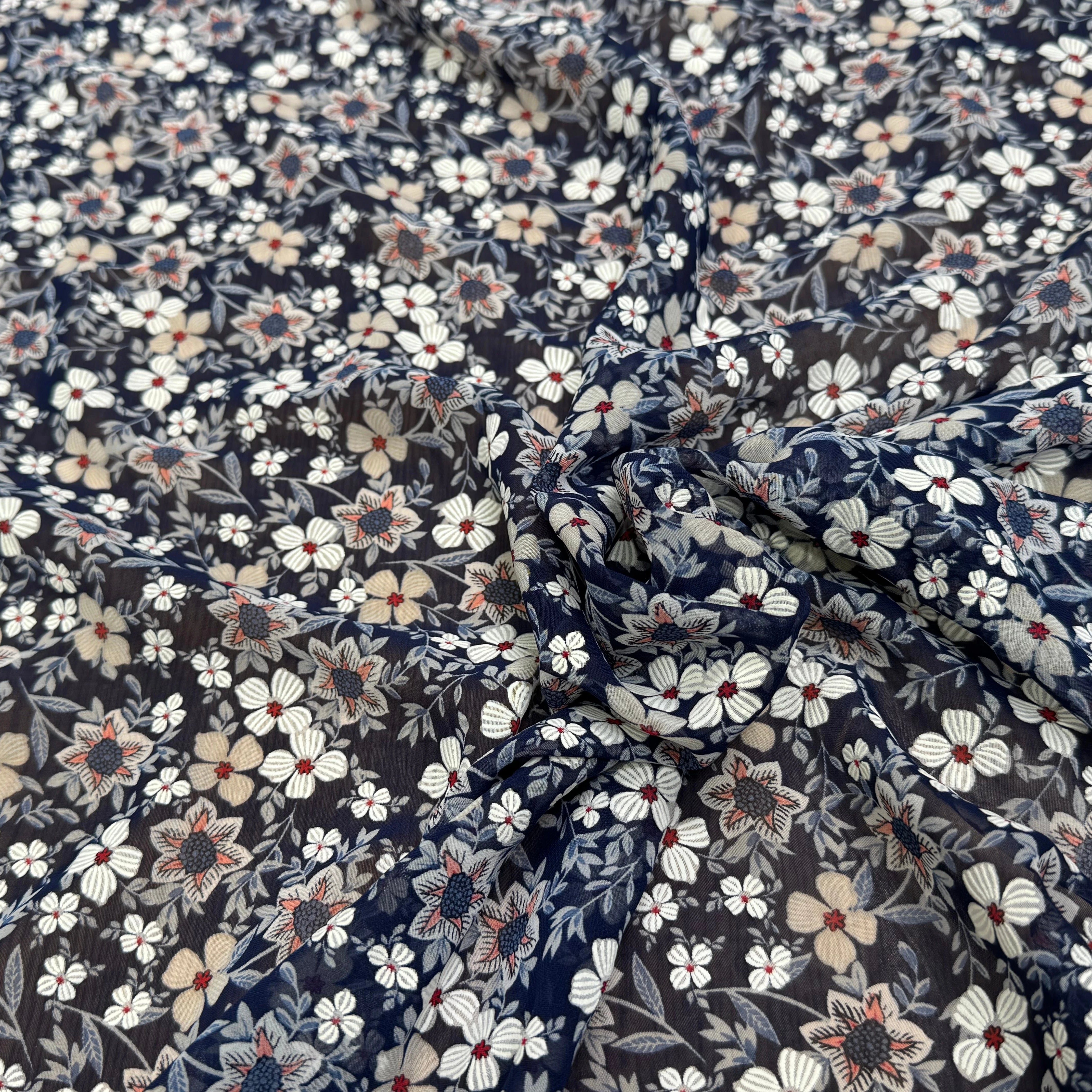 CHIFFON PRINTED JOLIES FLEURS FOND MARINE - My Little Coupon