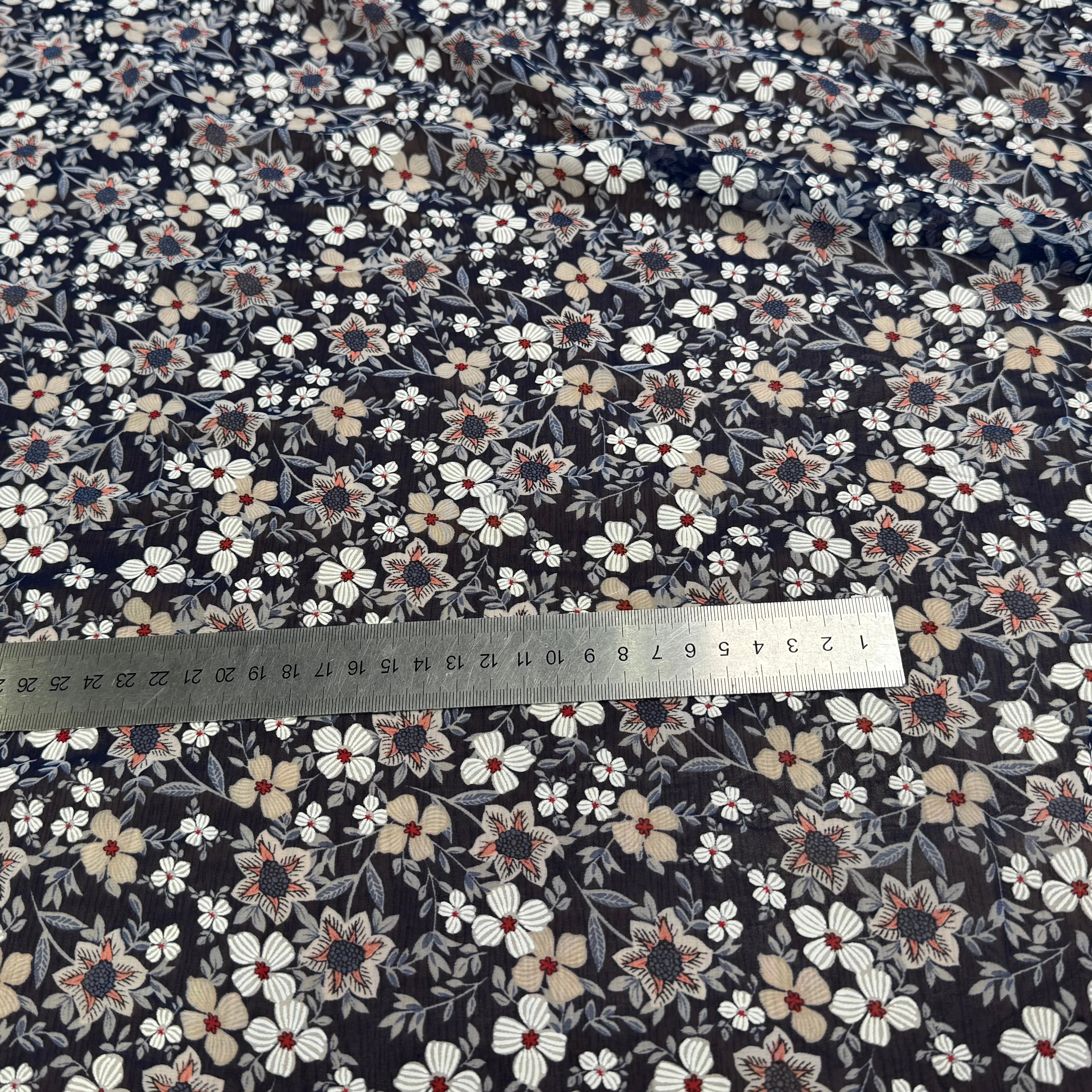 CHIFFON PRINTED JOLIES FLEURS FOND MARINE - My Little Coupon