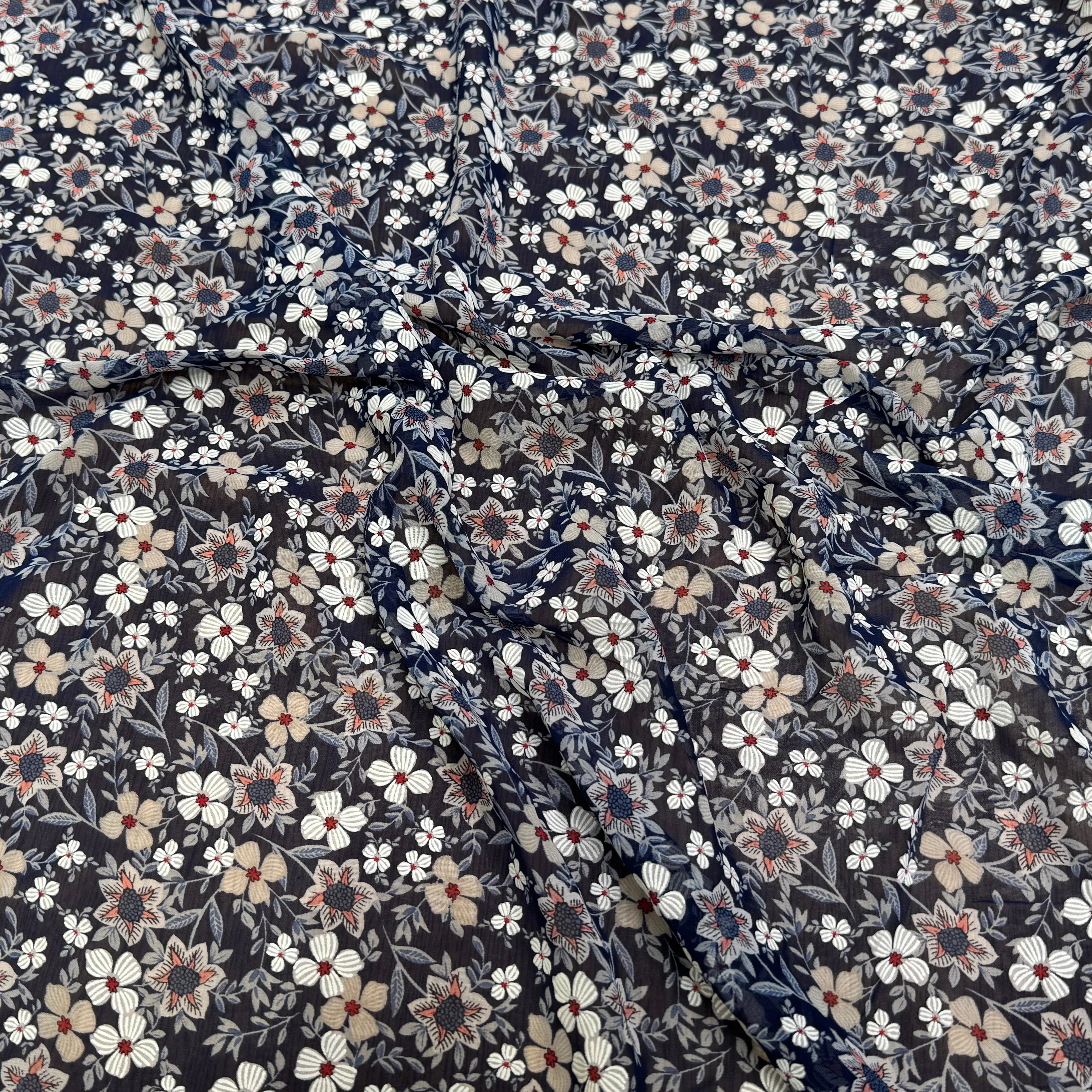 CHIFFON PRINTED JOLIES FLEURS FOND MARINE - My Little Coupon