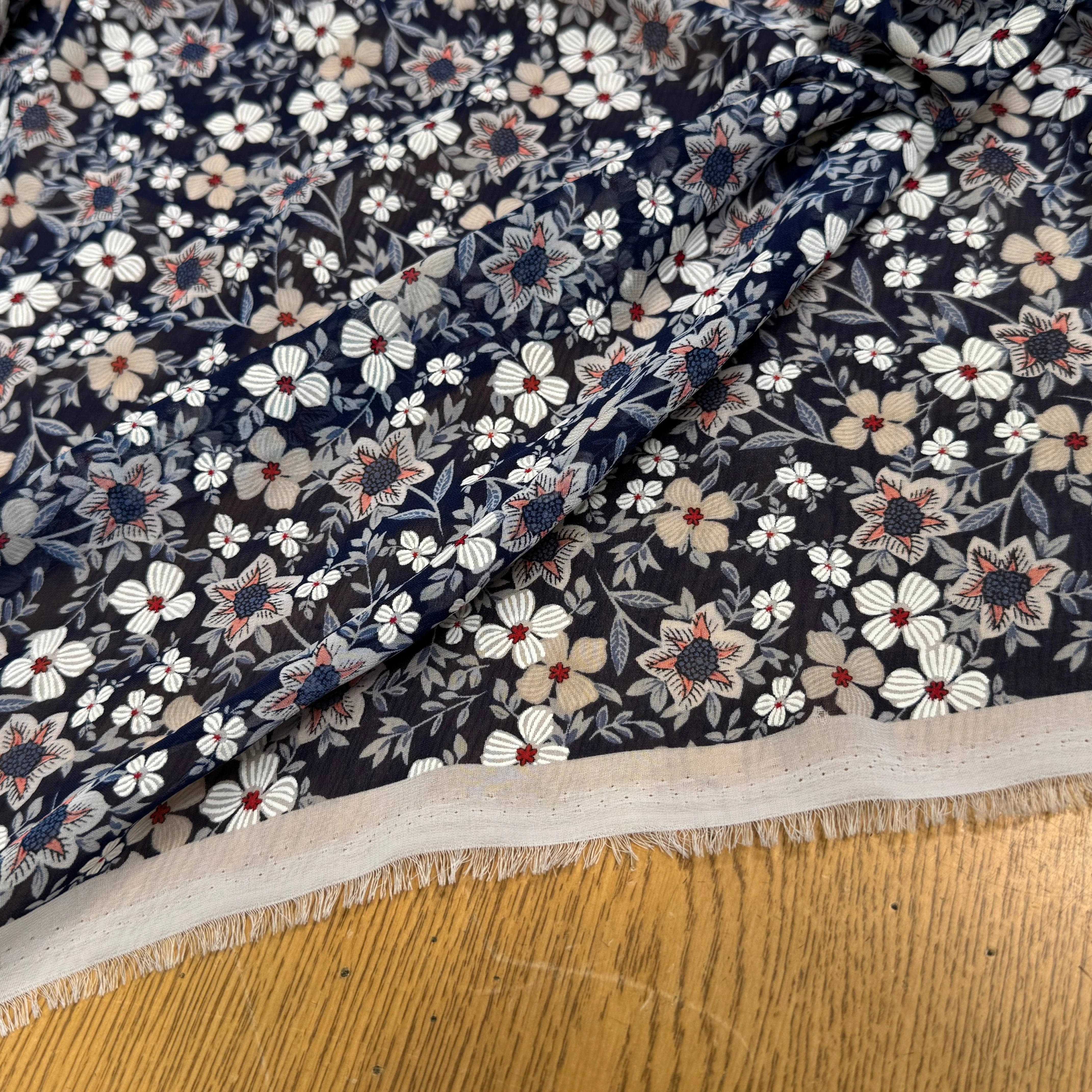 CHIFFON PRINTED JOLIES FLEURS FOND MARINE - My Little Coupon