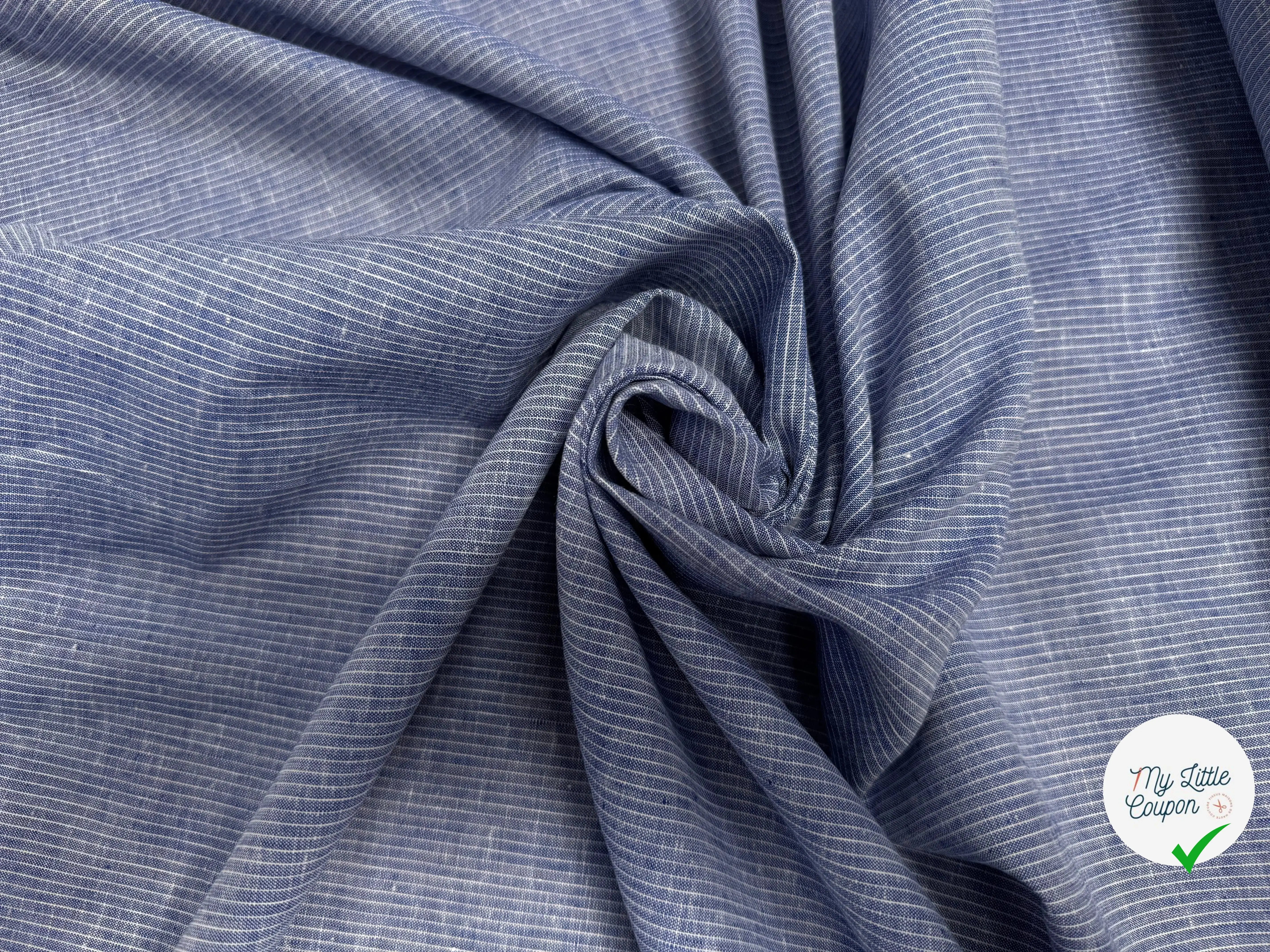 COTON EFFET LIN BLEU FONCÉ LIGNES BLANC - My Little Coupon