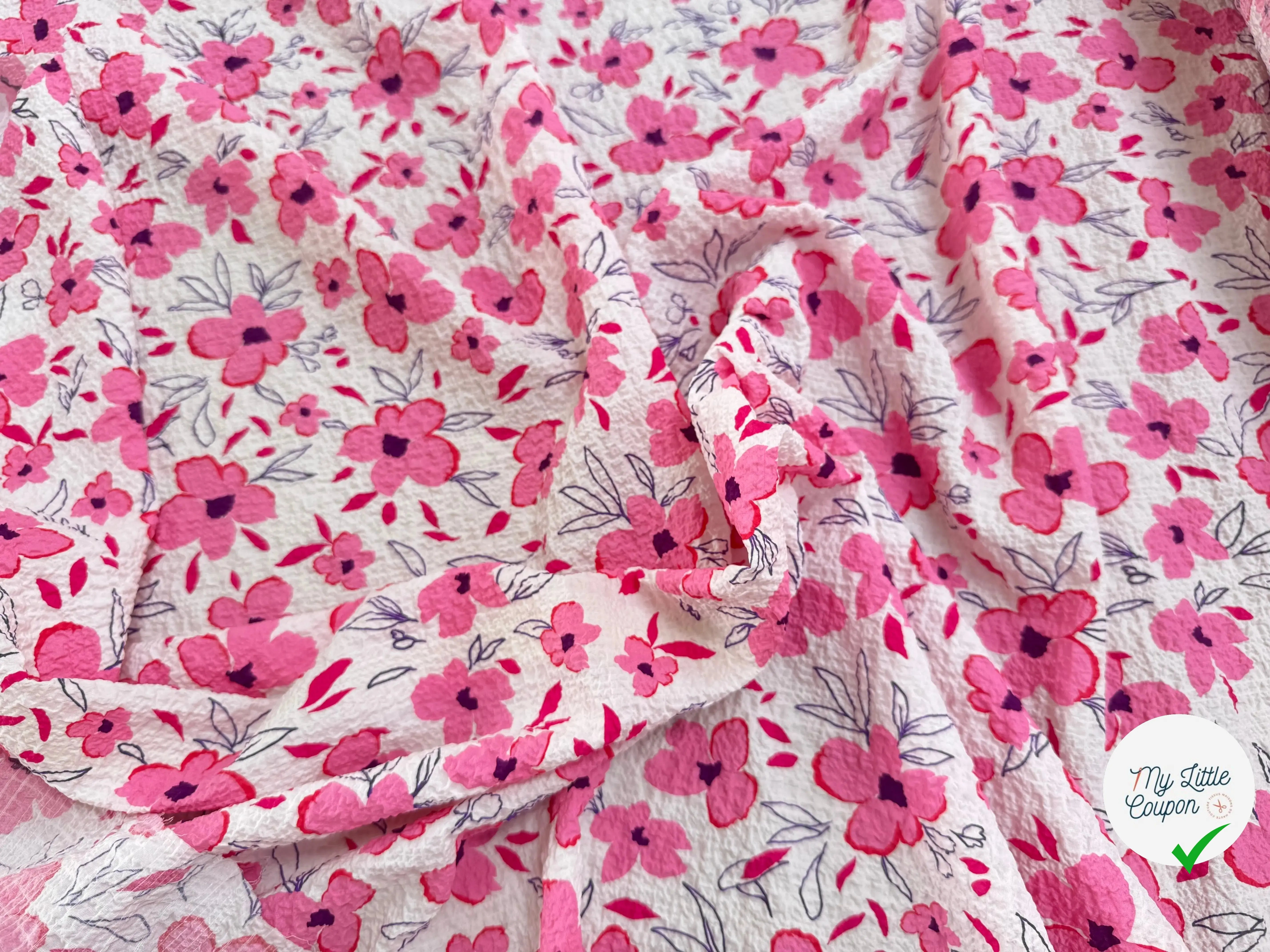 COTON GAUFFRÉ STRECH FLEURS ROSE FOND BLANC - My Little Coupon
