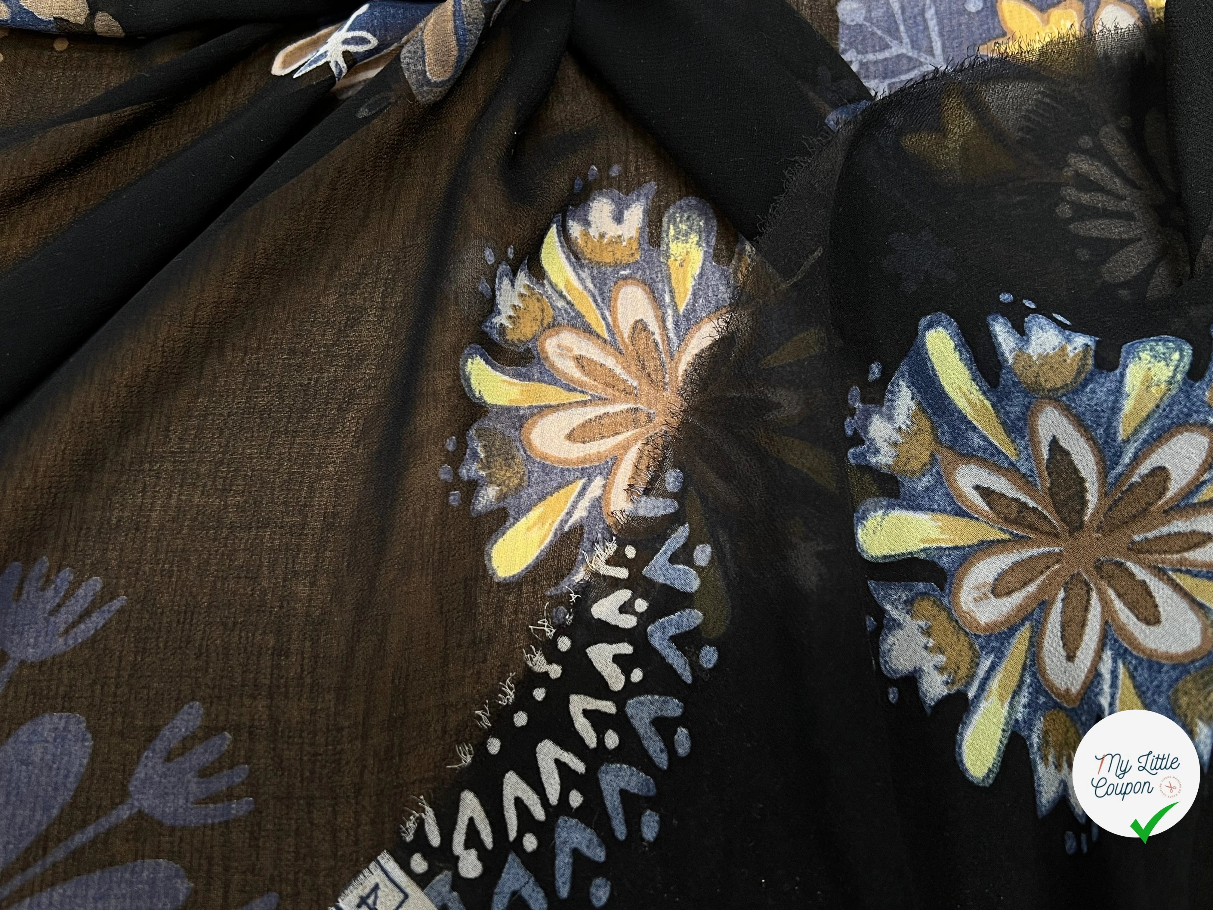 (Chute) CRÈPE FLUIDE FOND NOIR IMPRIMÉ FLEURS POLYESTER - My Little Coupon