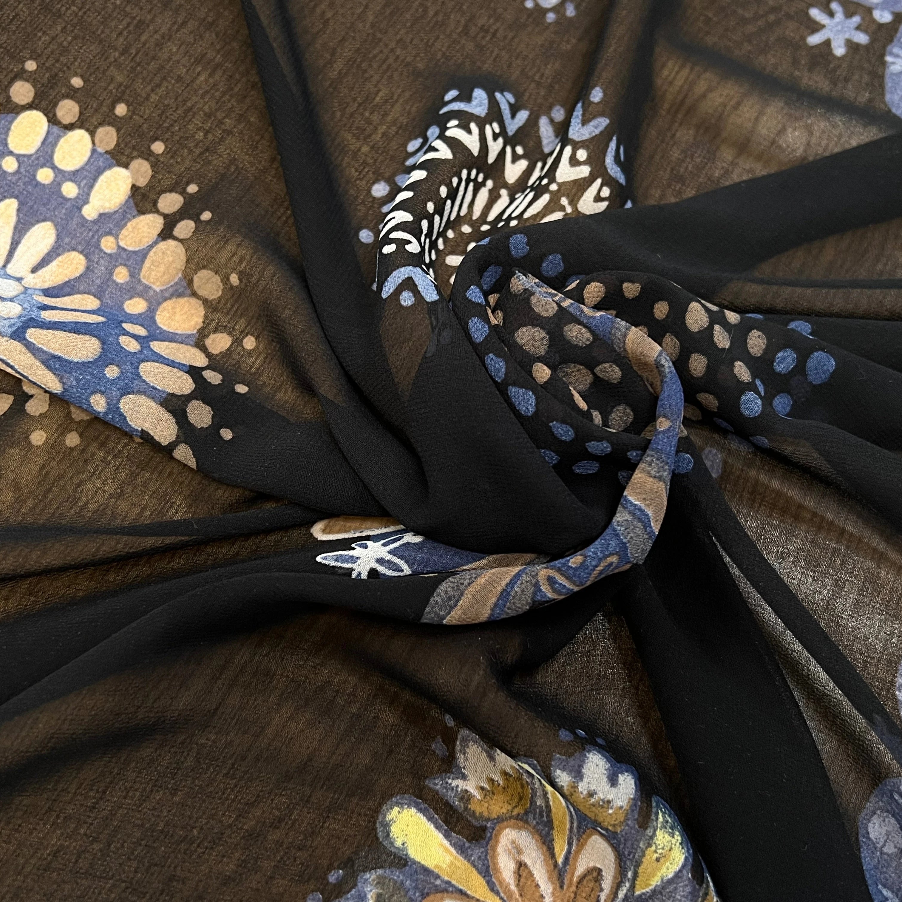 (Chute) CRÈPE FLUIDE FOND NOIR IMPRIMÉ FLEURS POLYESTER - My Little Coupon