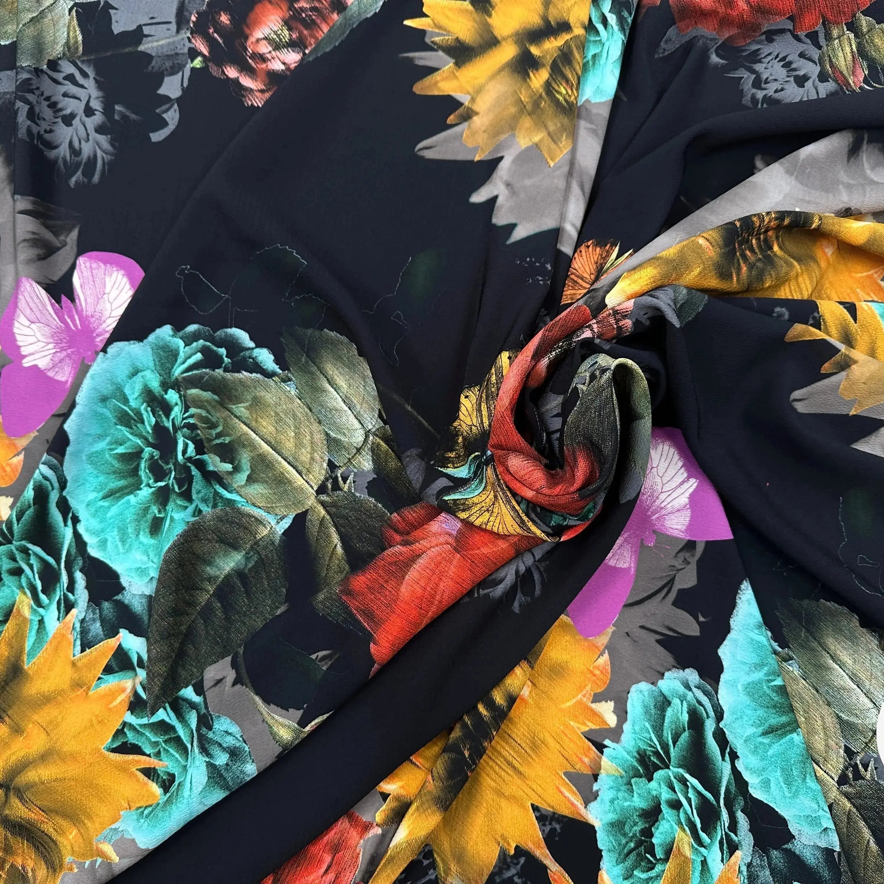 CREPE GAUFFRÉ NOIR PAPILLONS & FLEURS MLC INTERN