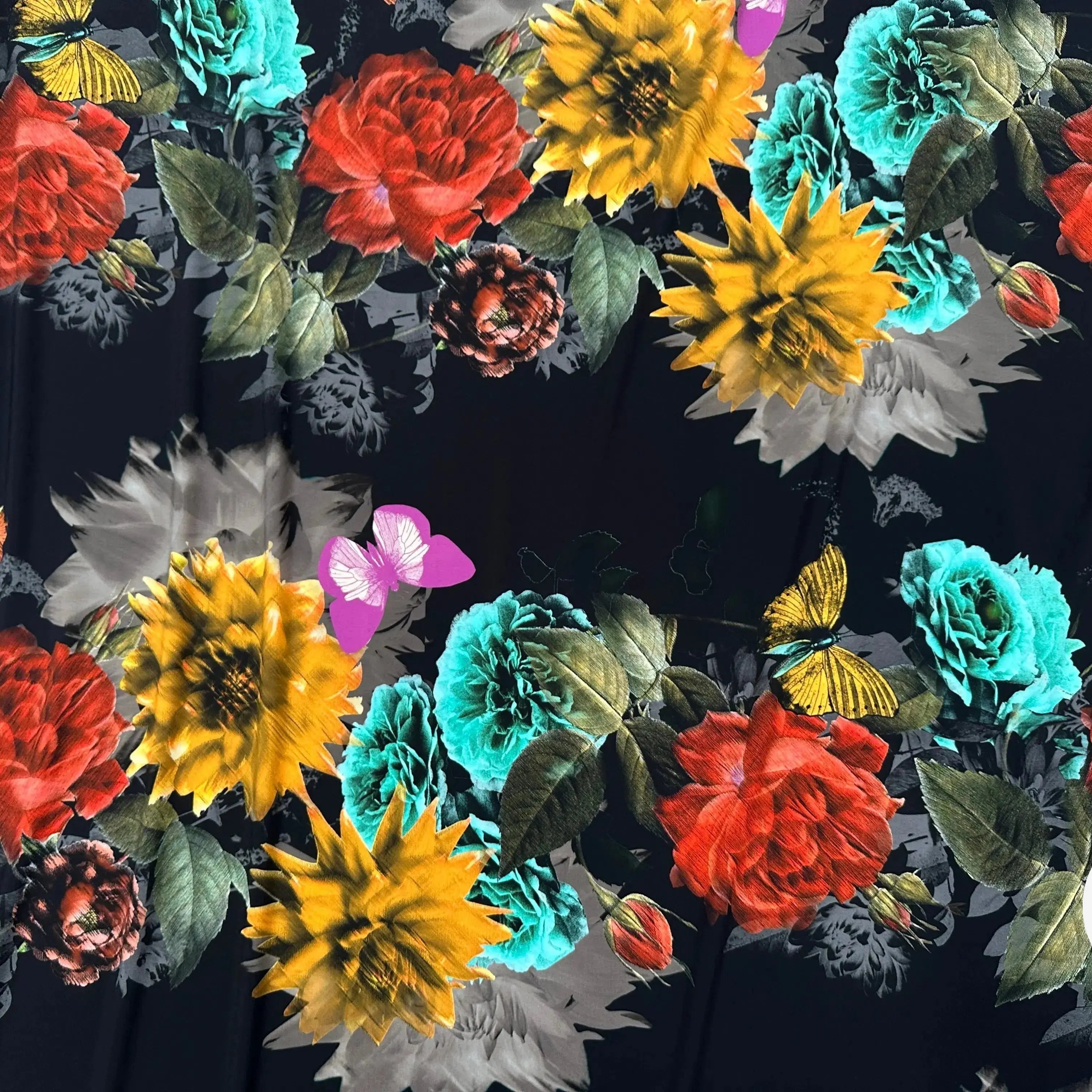 CREPE GAUFFRÉ NOIR PAPILLONS & FLEURS MLC INTERN