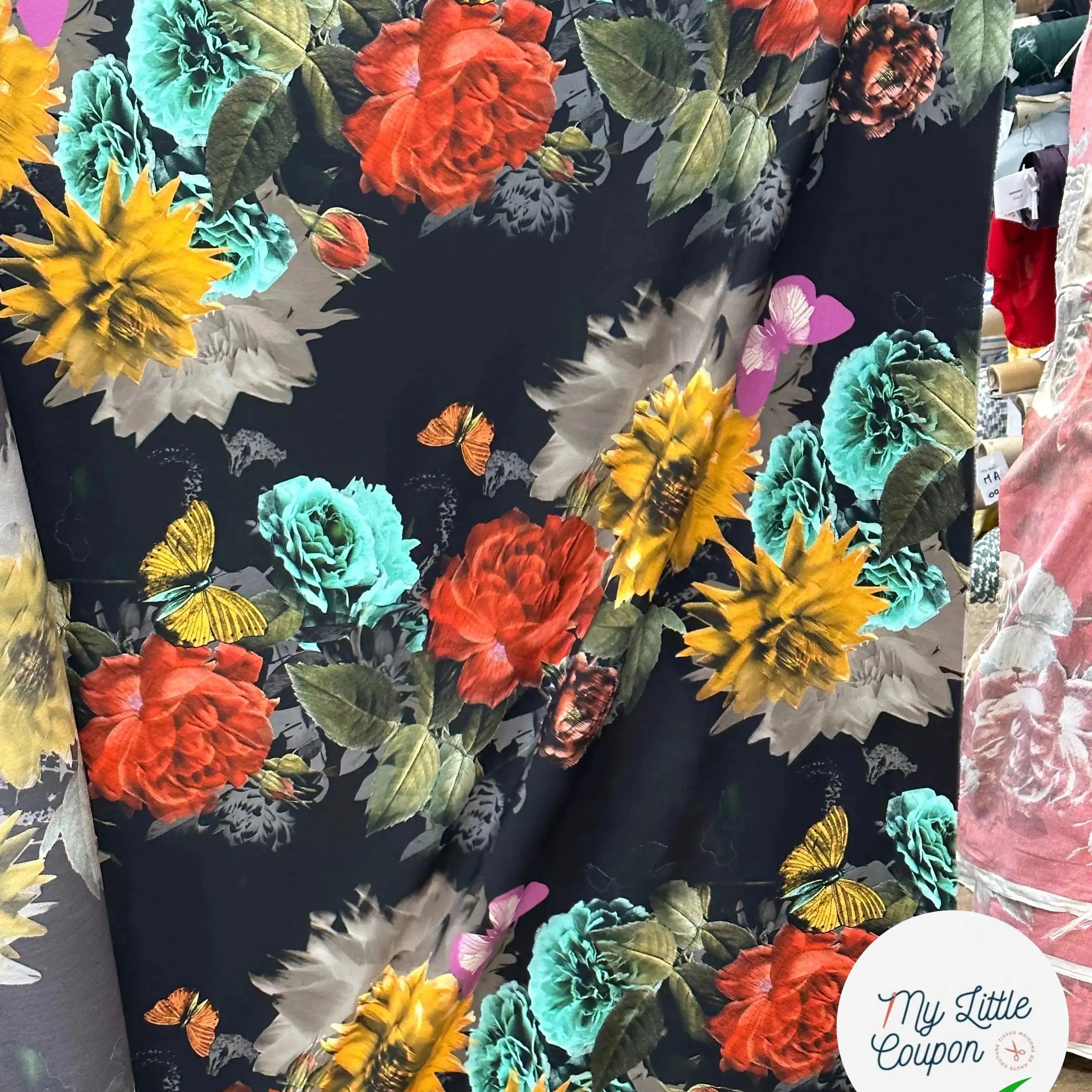 CREPE GAUFFRÉ NOIR PAPILLONS & FLEURS MLC INTERN