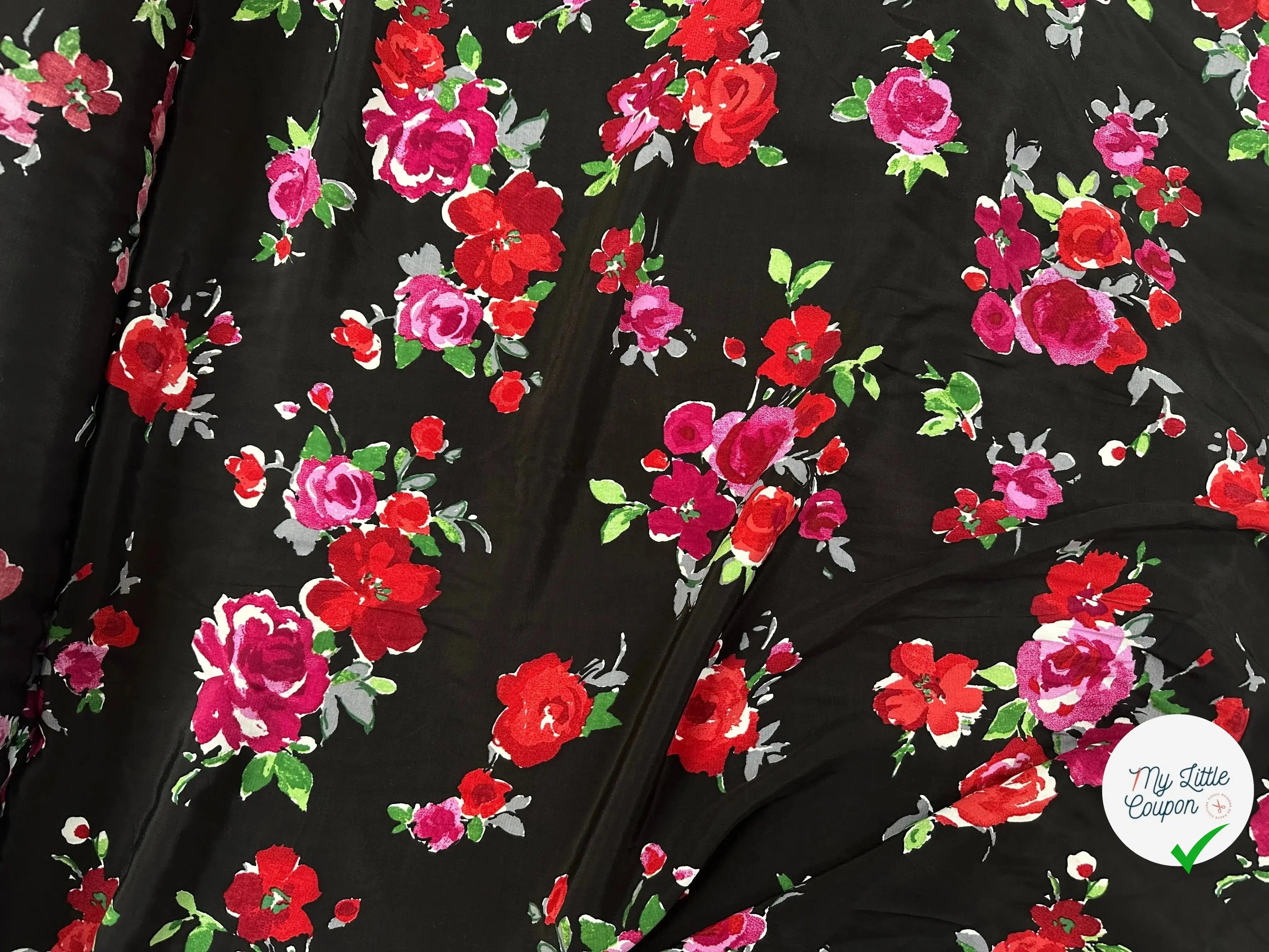 CRÊPE MAROCAIN 100% VISCOSE BOUQUET PASSIONNÉ FOND NOIR MLC INTERN