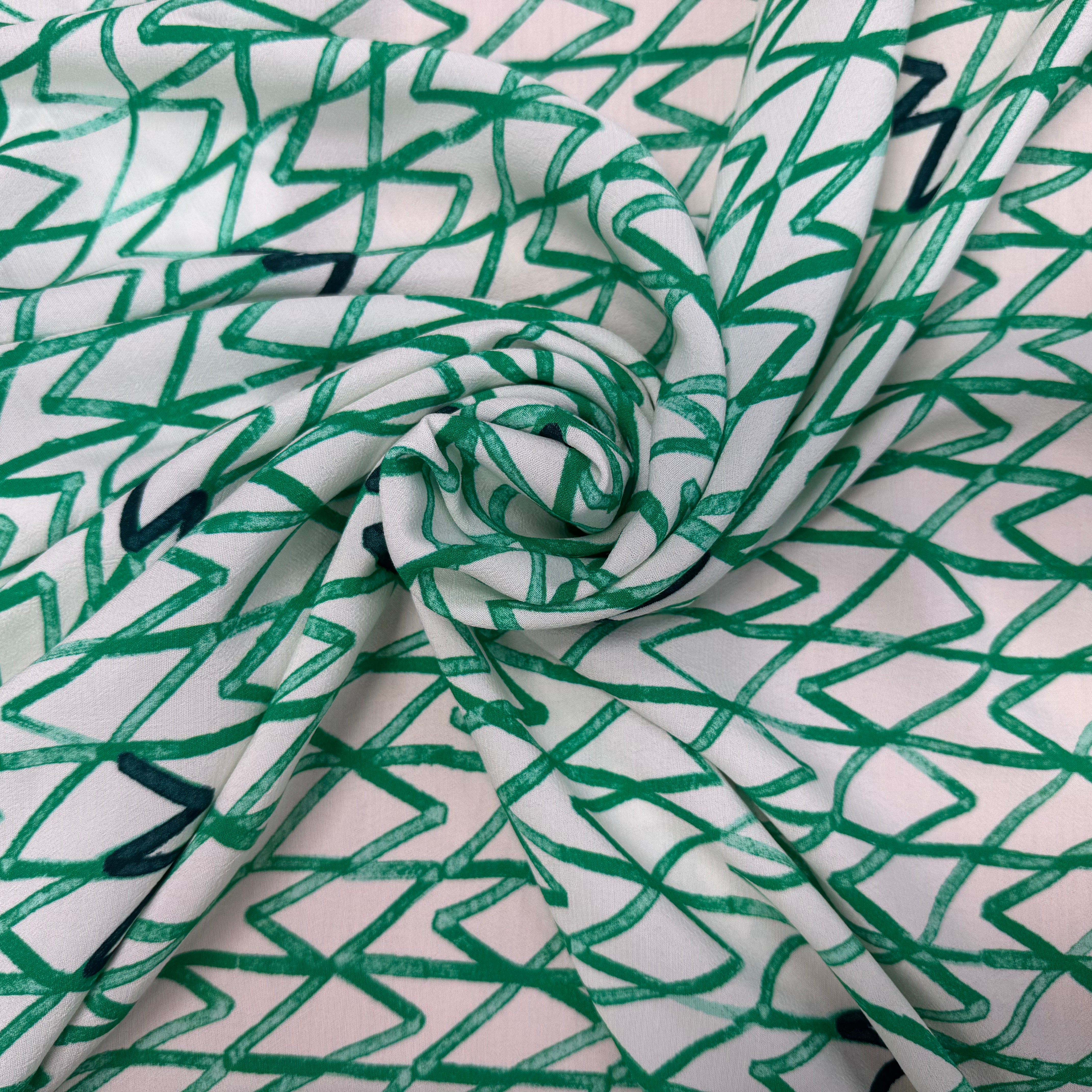 CRÊPE VISCOSE ECOVERO FOND BLANC MOTIFS GEOMETRIQUE VERT - My Little Coupon