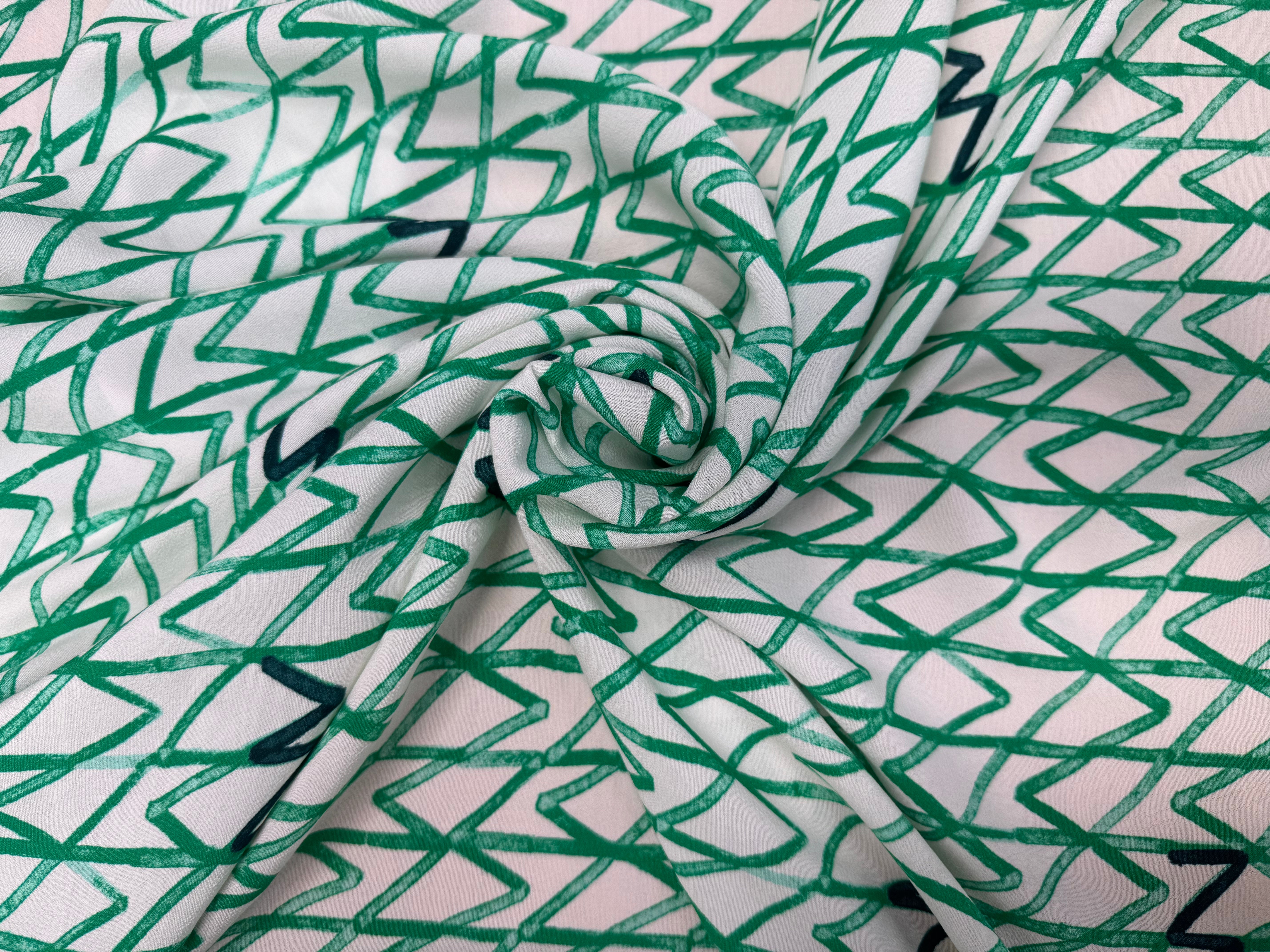 CRÊPE VISCOSE ECOVERO FOND BLANC MOTIFS GEOMETRIQUE VERT - My Little Coupon