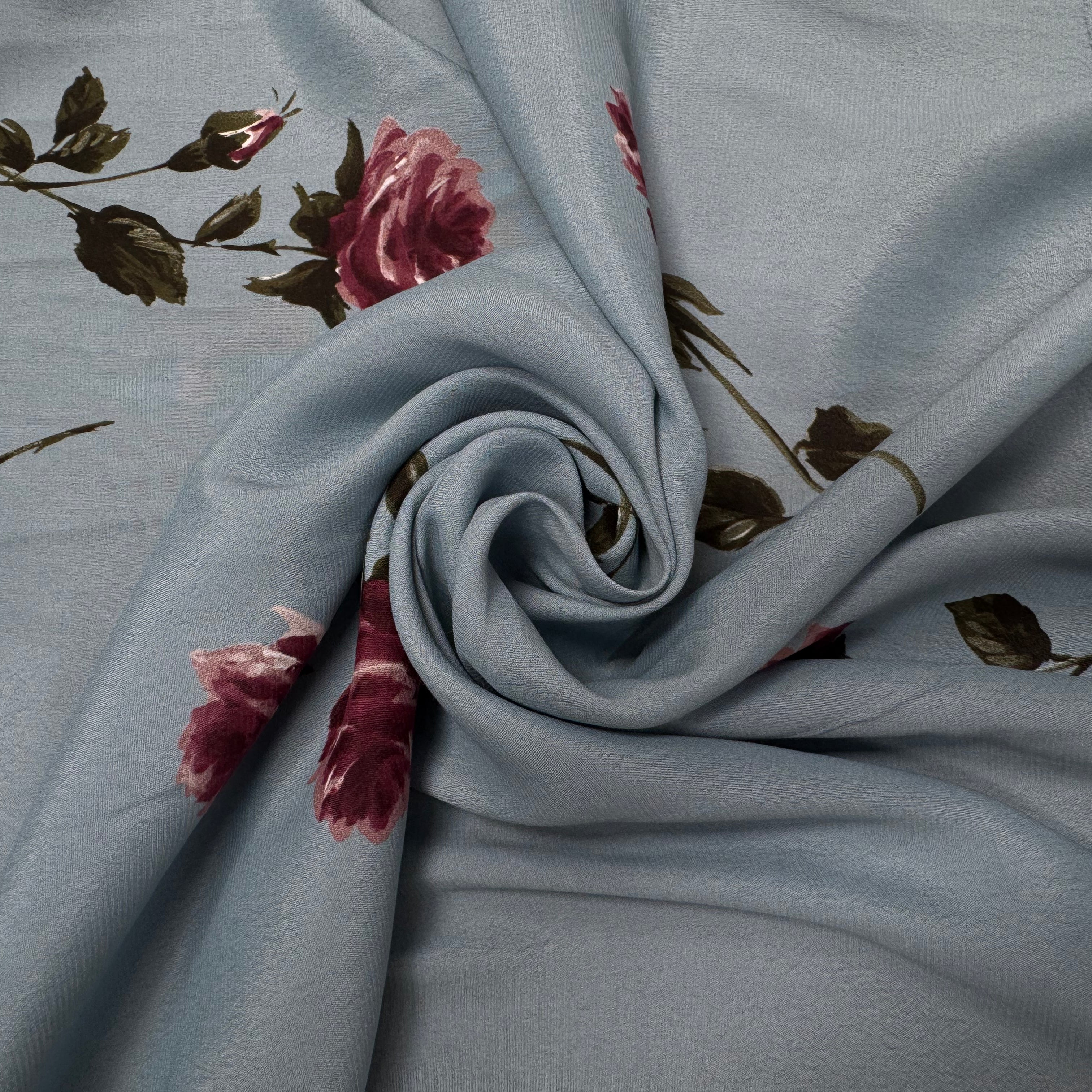 CRÊPE VISCOSE FOND BLEU MOTIFS FLEURS - My Little Coupon