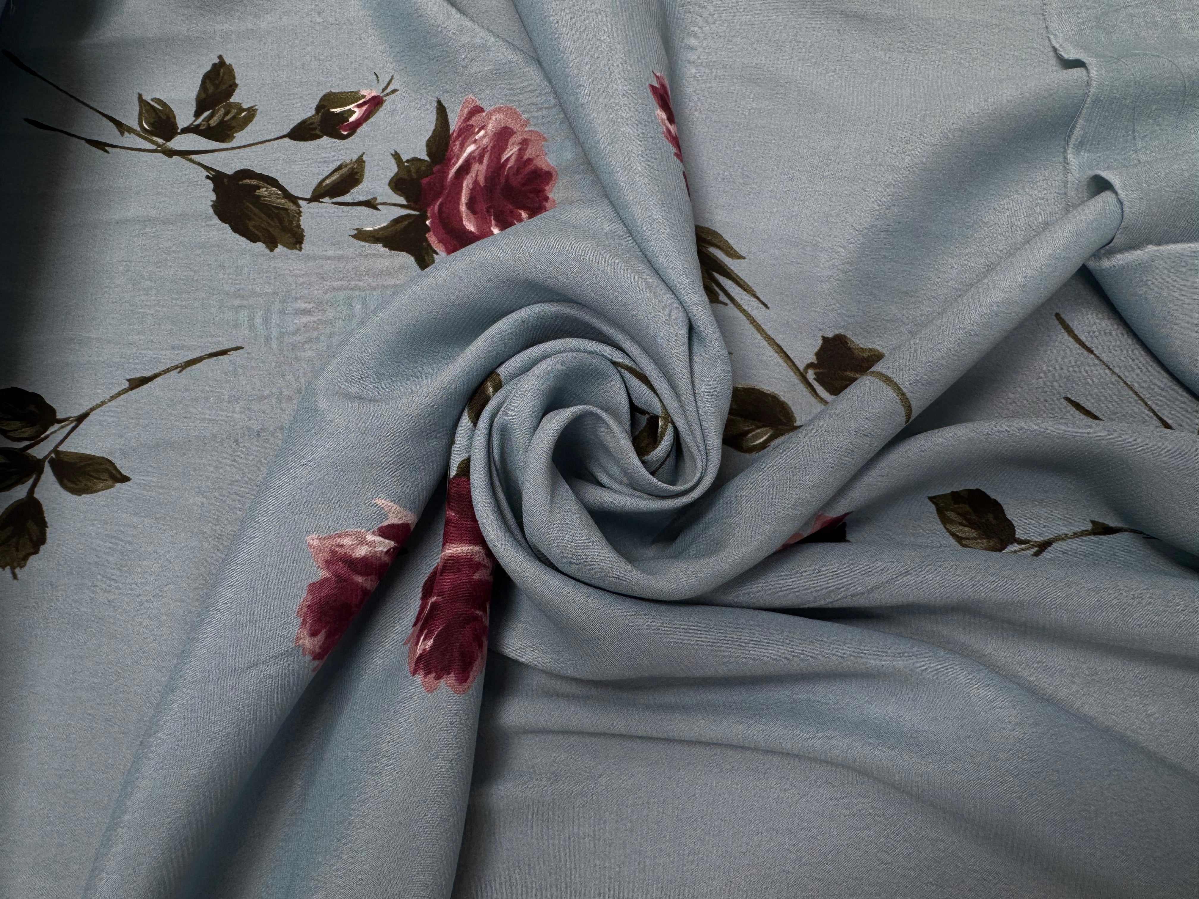CRÊPE VISCOSE FOND BLEU MOTIFS FLEURS - My Little Coupon