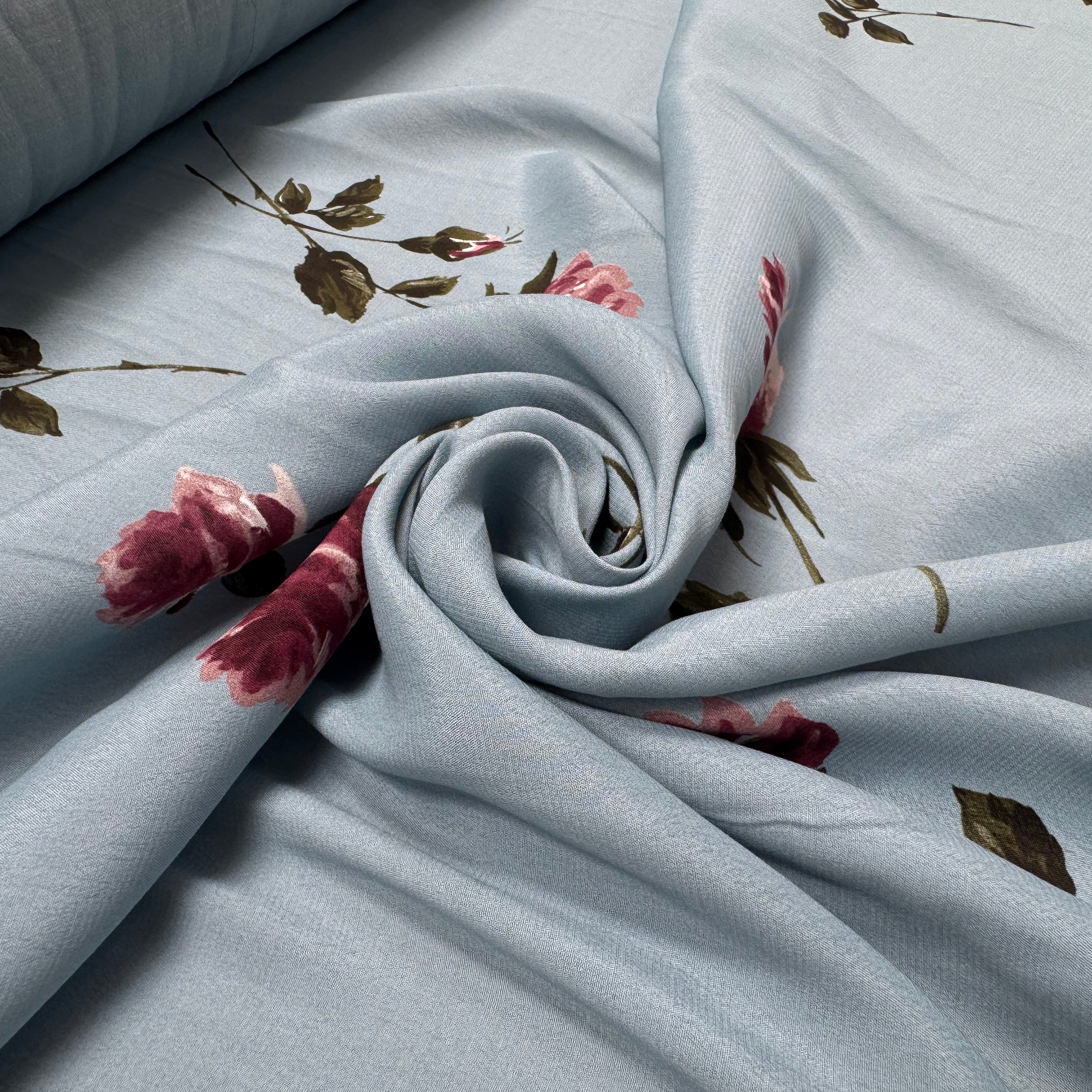 CRÊPE VISCOSE FOND BLEU MOTIFS FLEURS - My Little Coupon