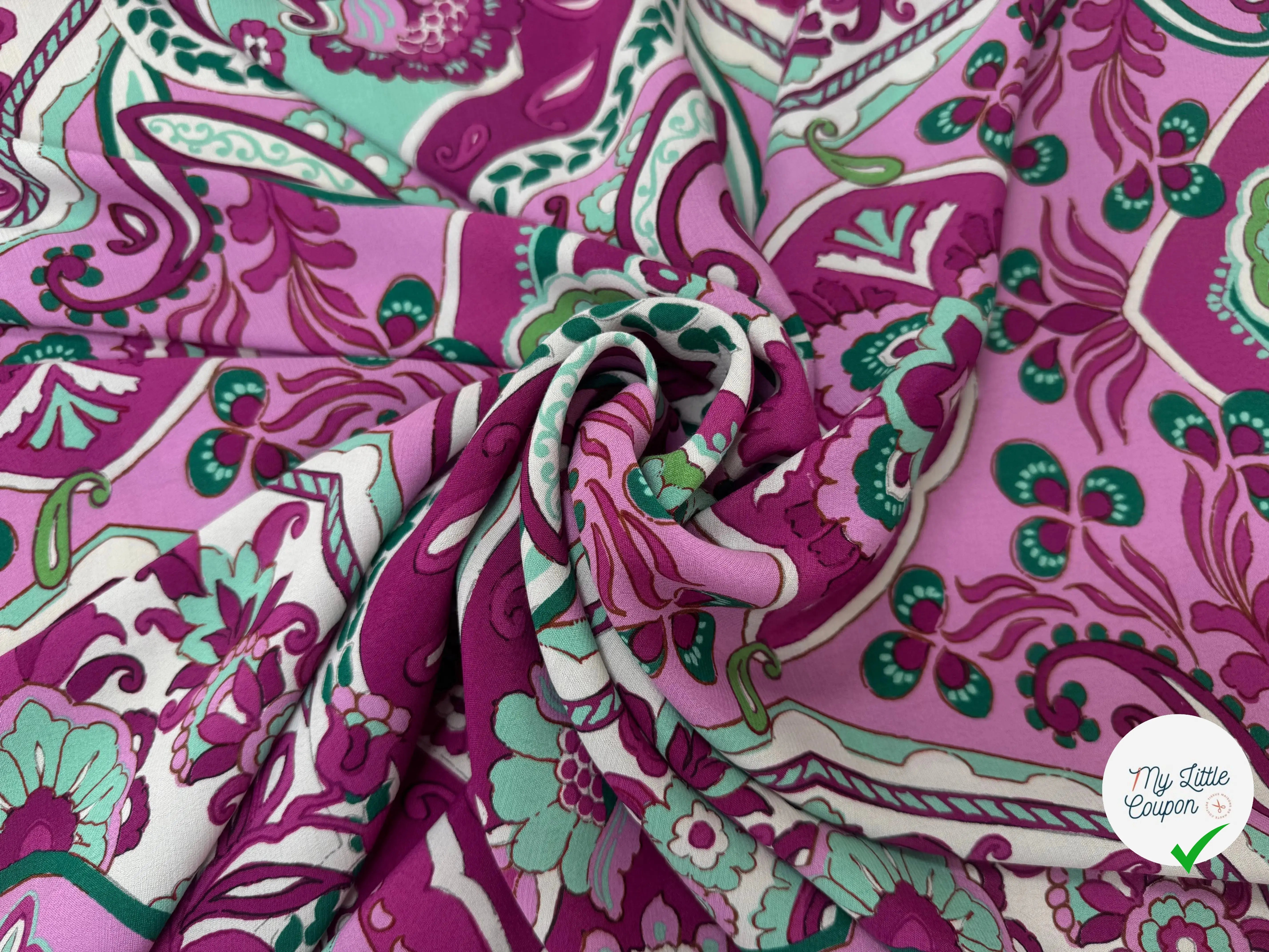 CREPE VISCOSE FOND VIOLET MOTIFS VERT ECOVERO - My Little Coupon