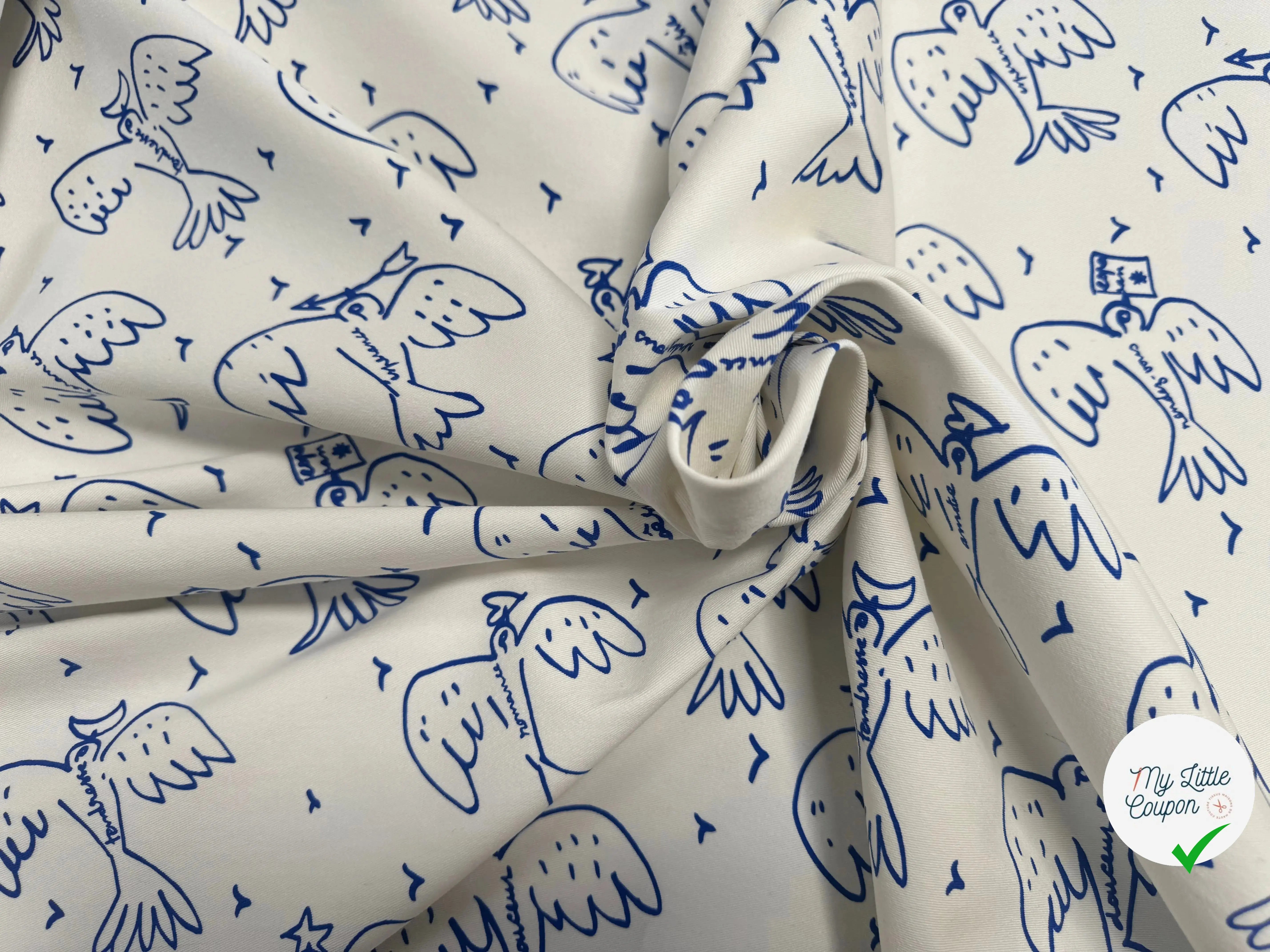 GABARDINE STRETCH DE COTON BLANC CASSÉ OISEAU BLEU - My Little Coupon