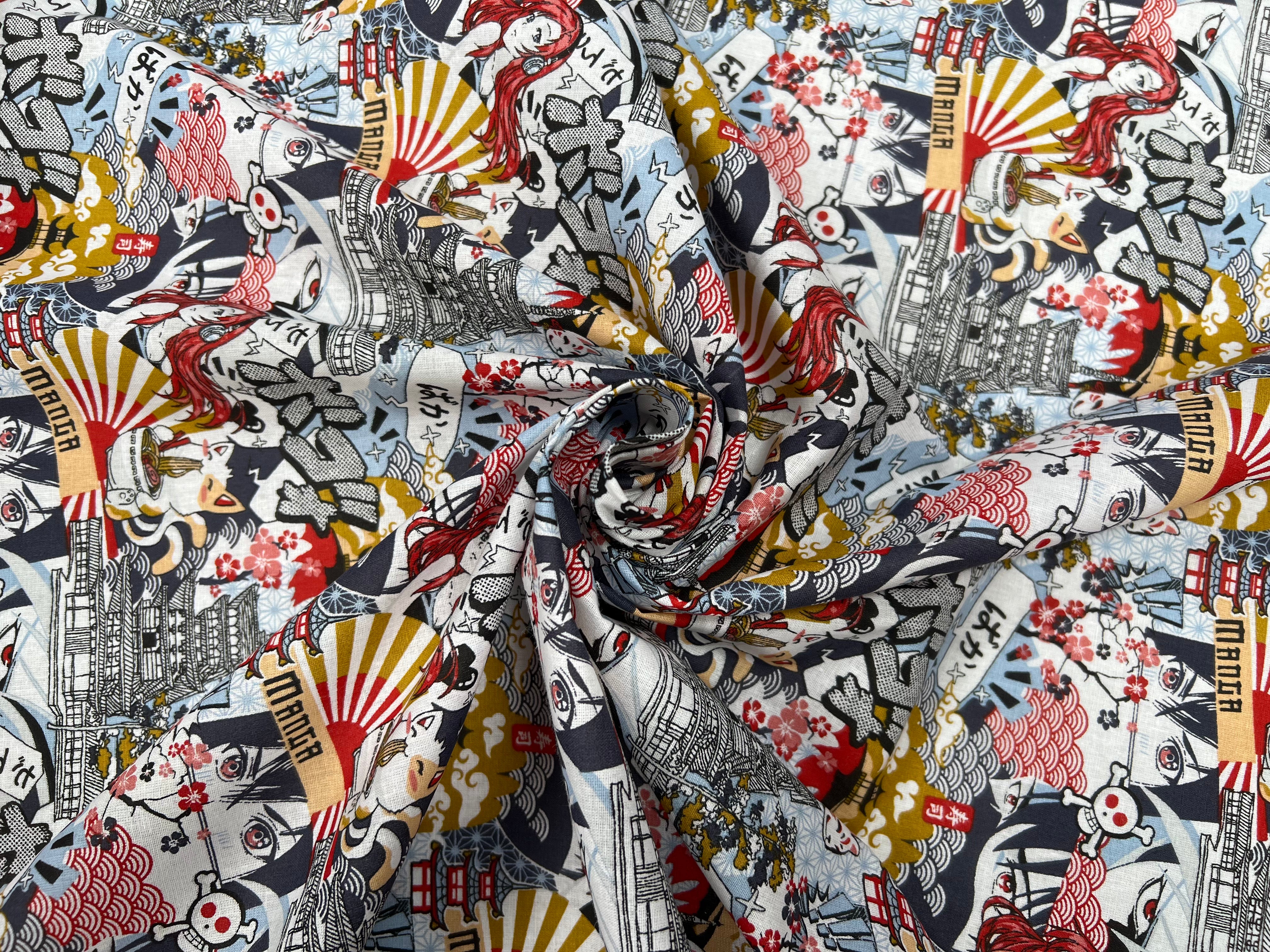 PERCALE DE COTON KAWAI ROUGE BLEU - My Little Coupon
