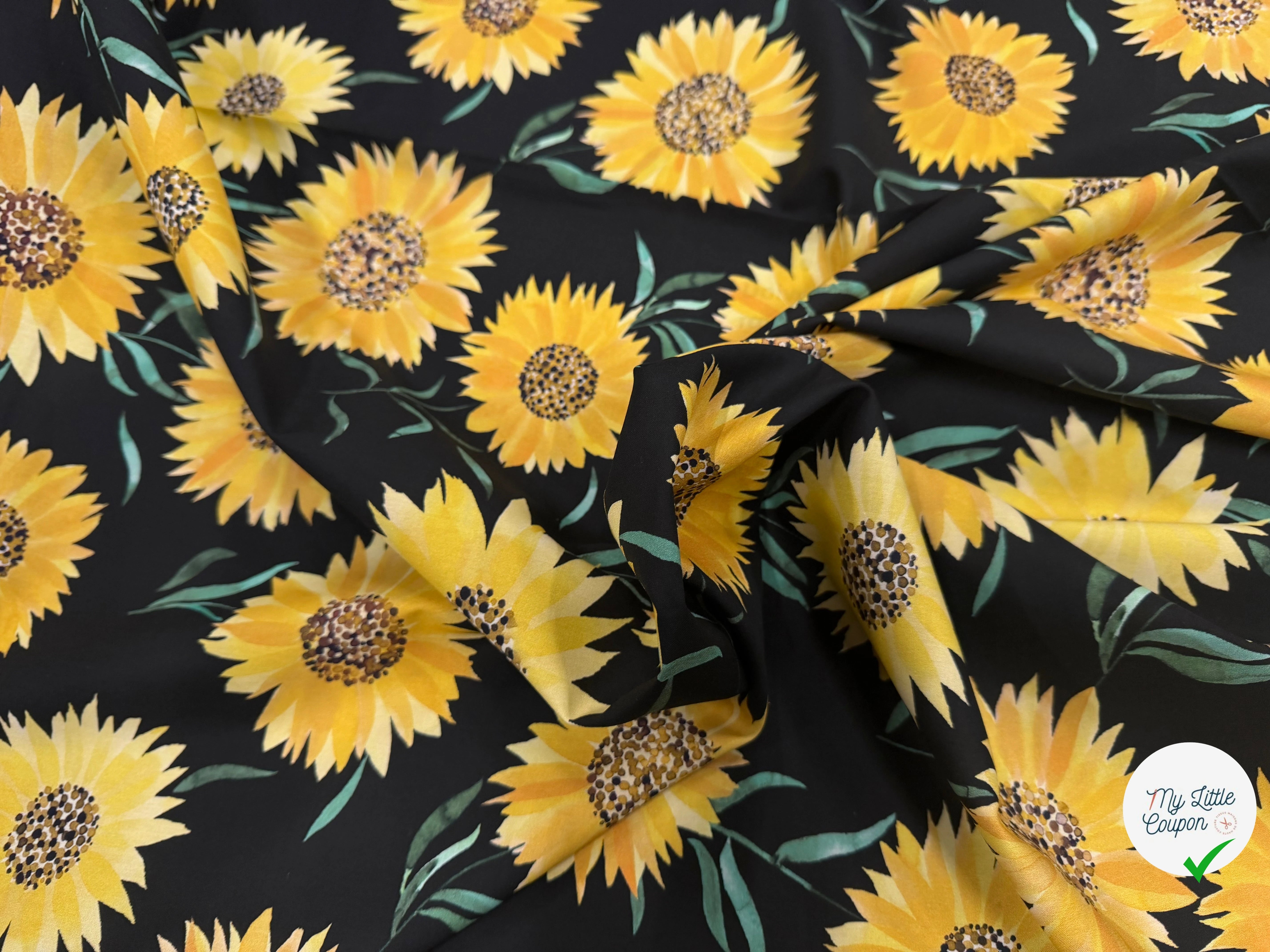 (Chute) POPELINE COTON DIGITAL SUNFLOWERS – BLACK - My Little Coupon
