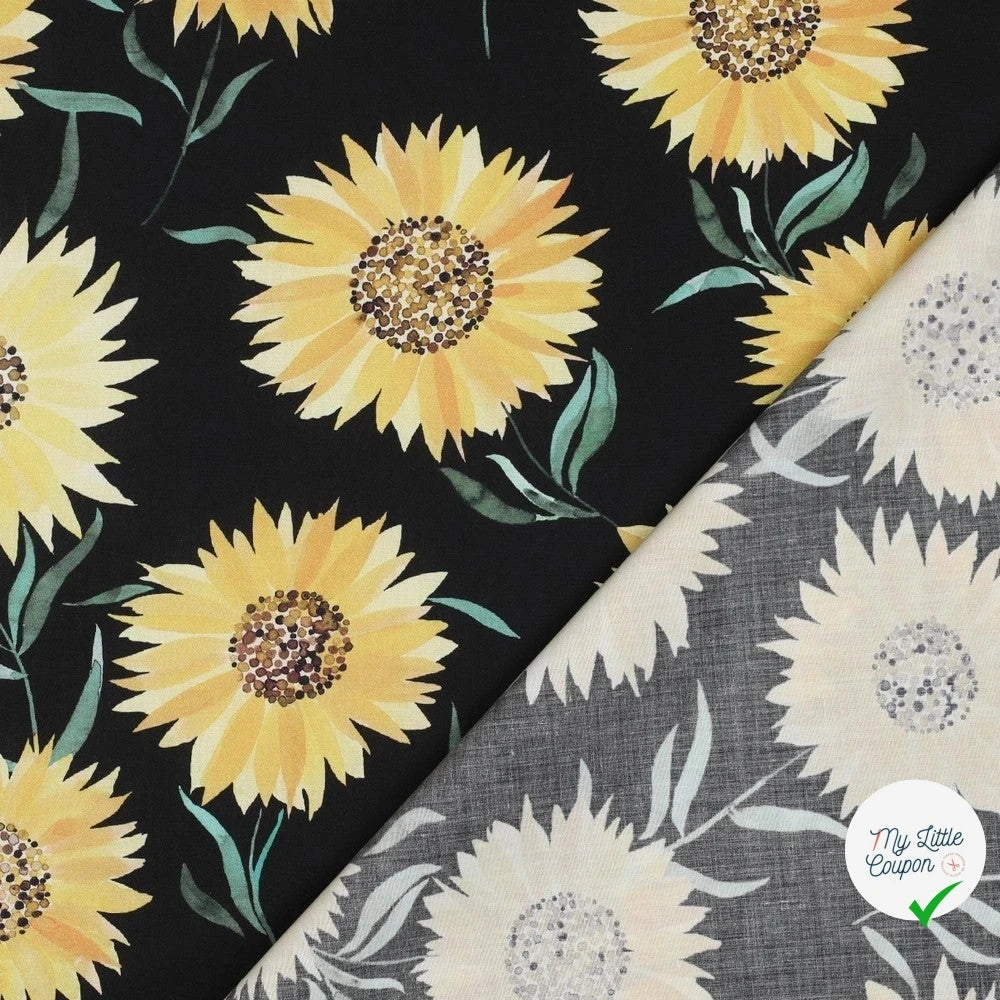 FINE POPLIN DIGITAL SUNFLOWERS – BLACK - My Little Coupon