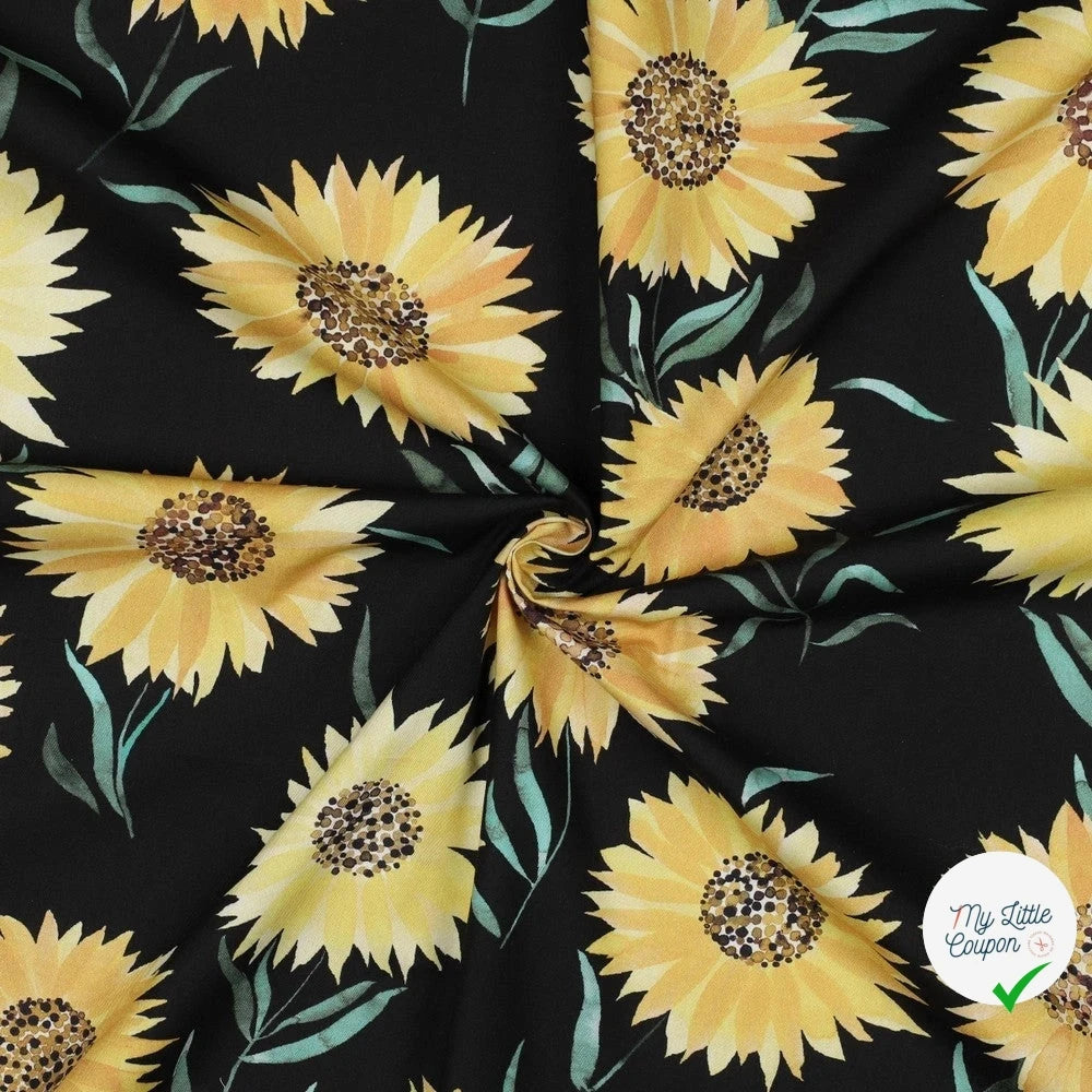 FINE POPLIN DIGITAL SUNFLOWERS – BLACK - My Little Coupon