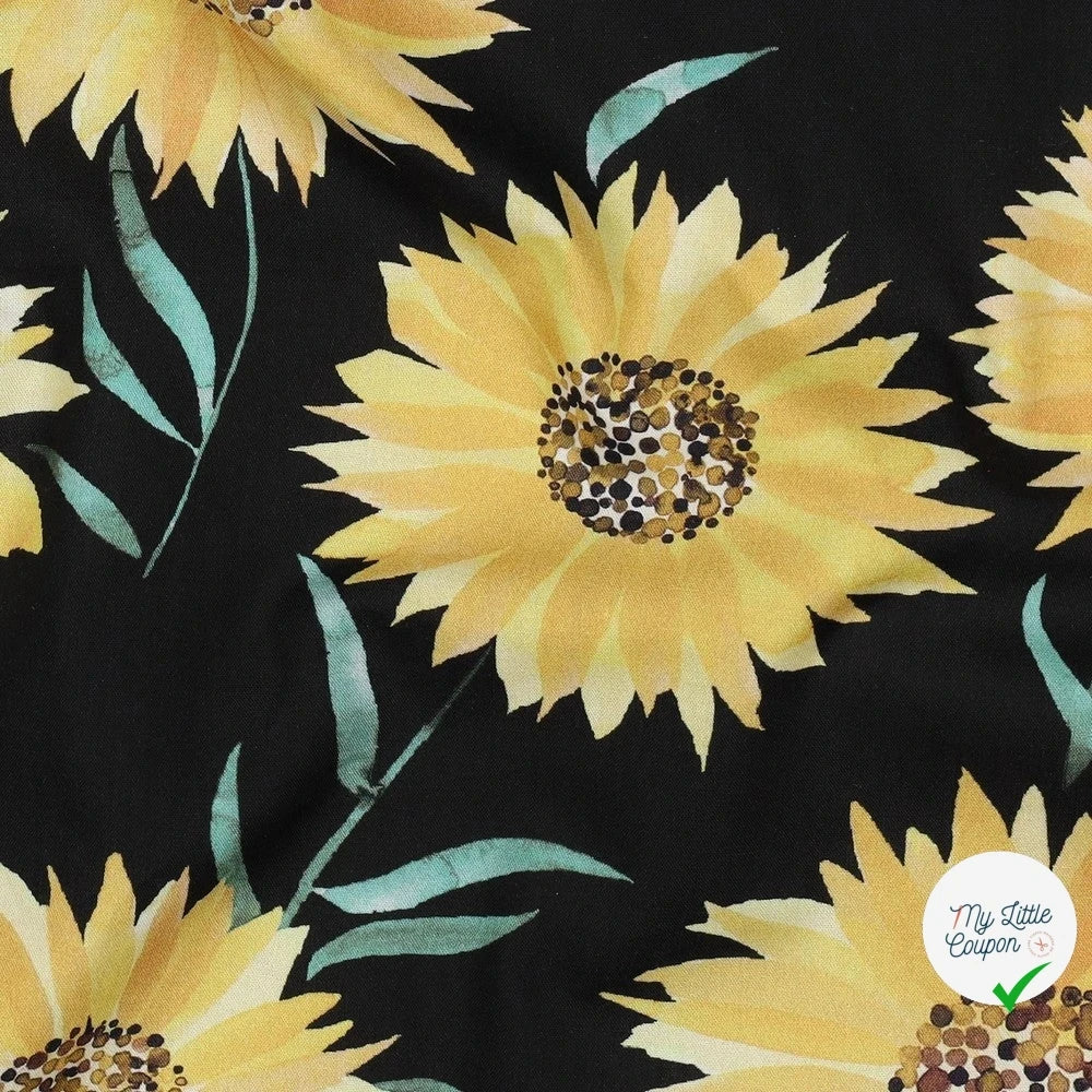 FINE POPLIN DIGITAL SUNFLOWERS – BLACK - My Little Coupon