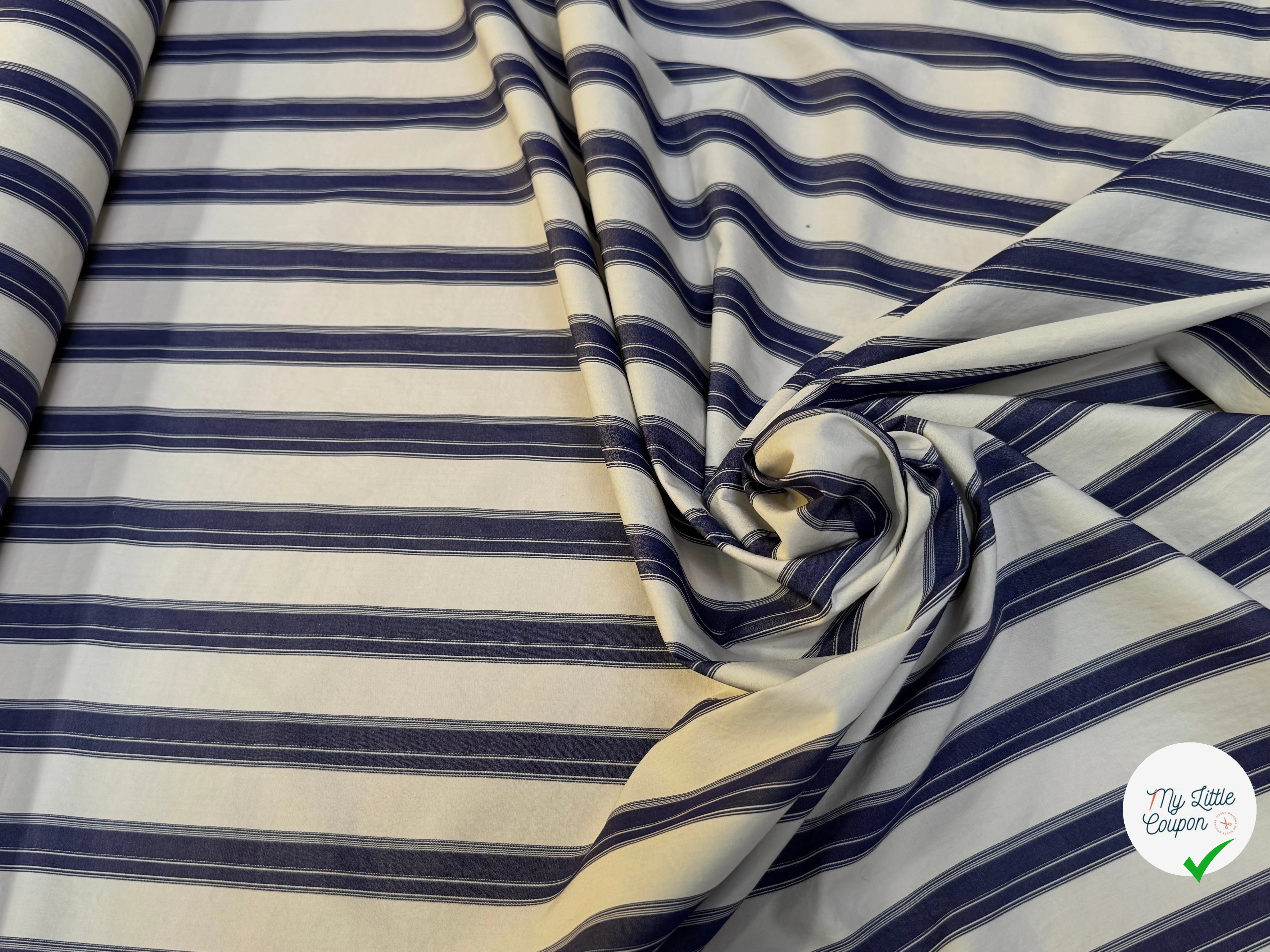(Chute) POPELINE DE COTON GROSSE RAYURE NAVY BLANC - My Little Coupon