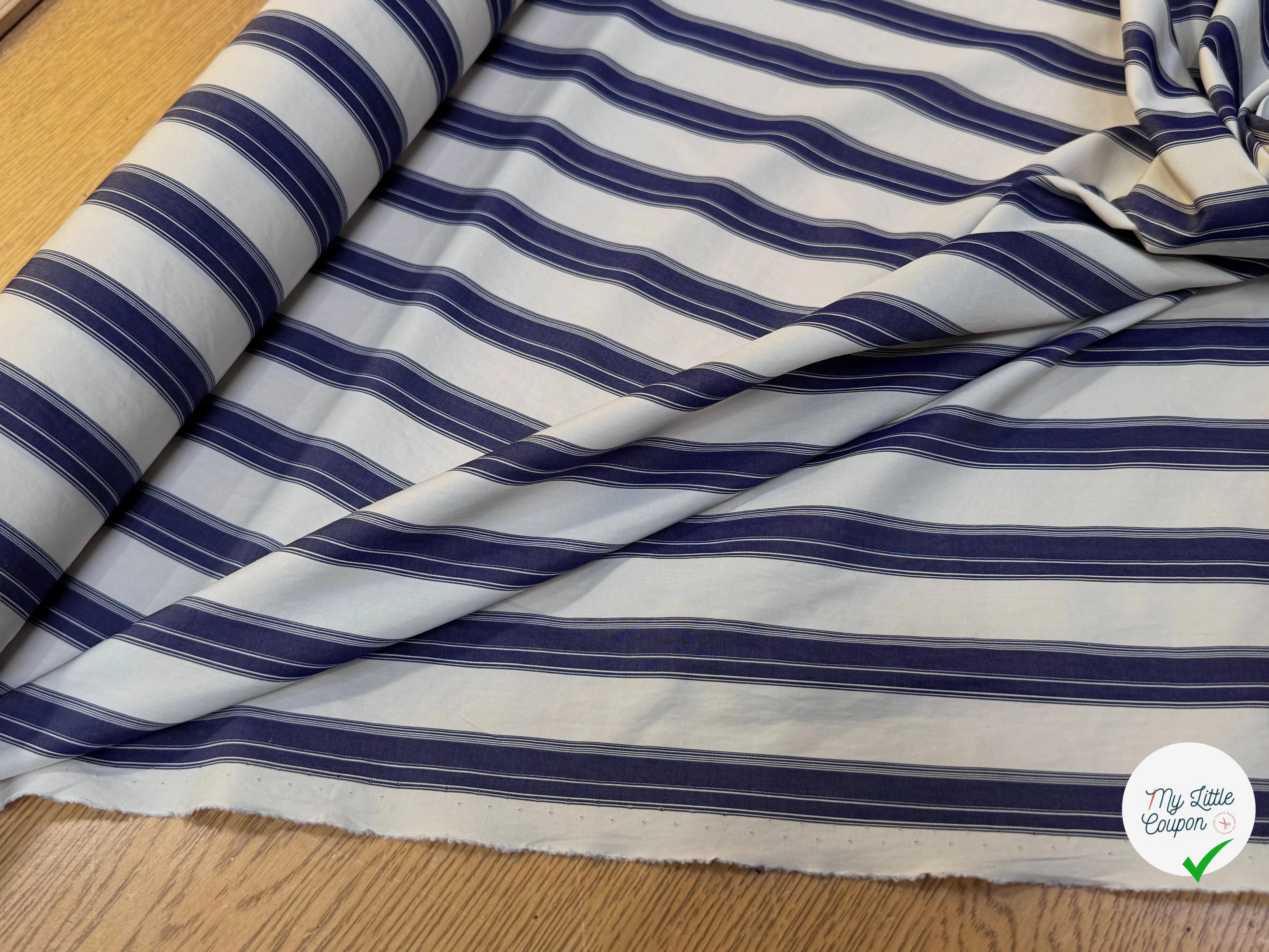 (Chute) POPELINE DE COTON GROSSE RAYURE NAVY BLANC - My Little Coupon
