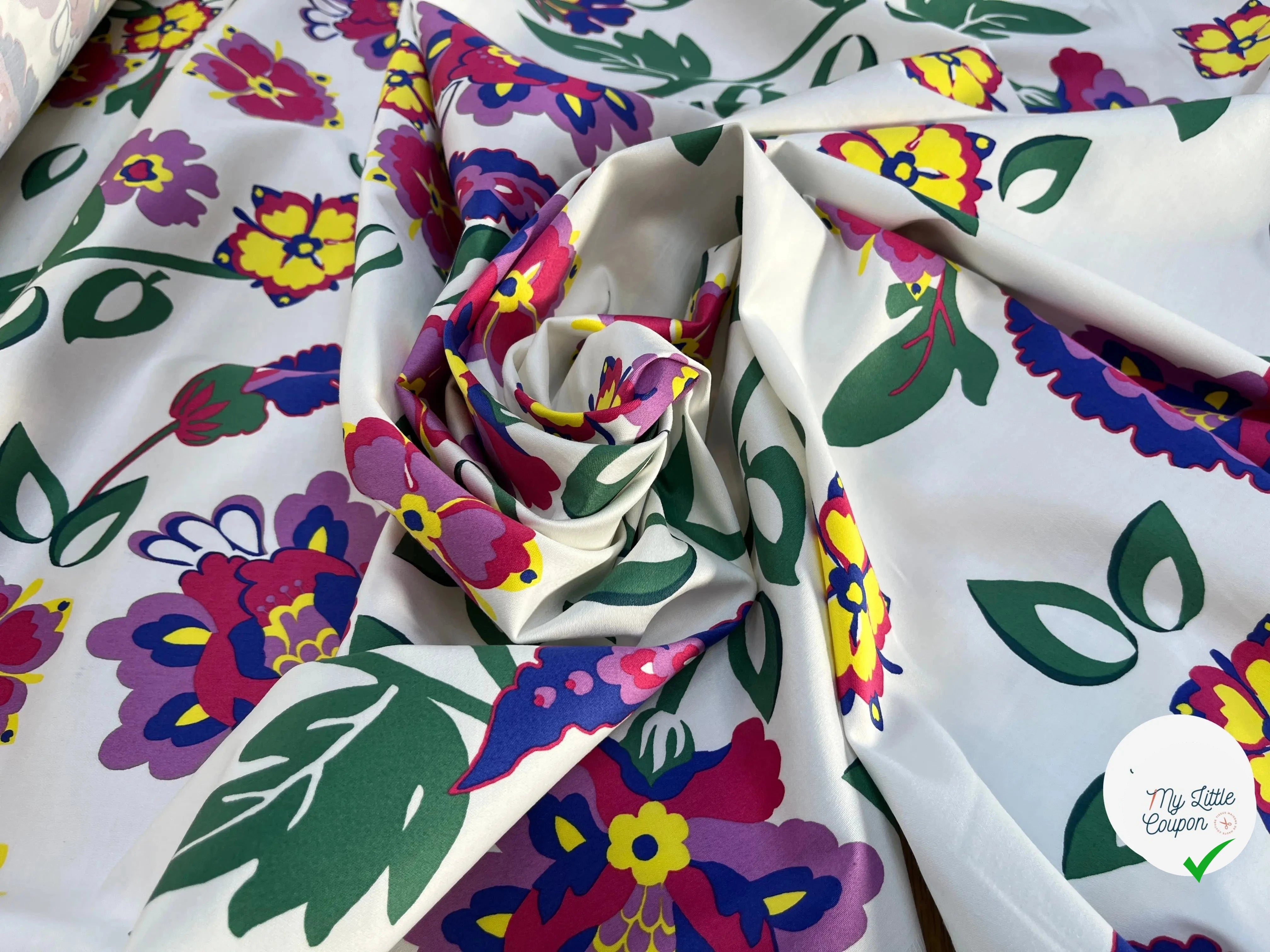 SATIN DE COTON STRETCH FLEURS MULTICOLORES - My Little Coupon
