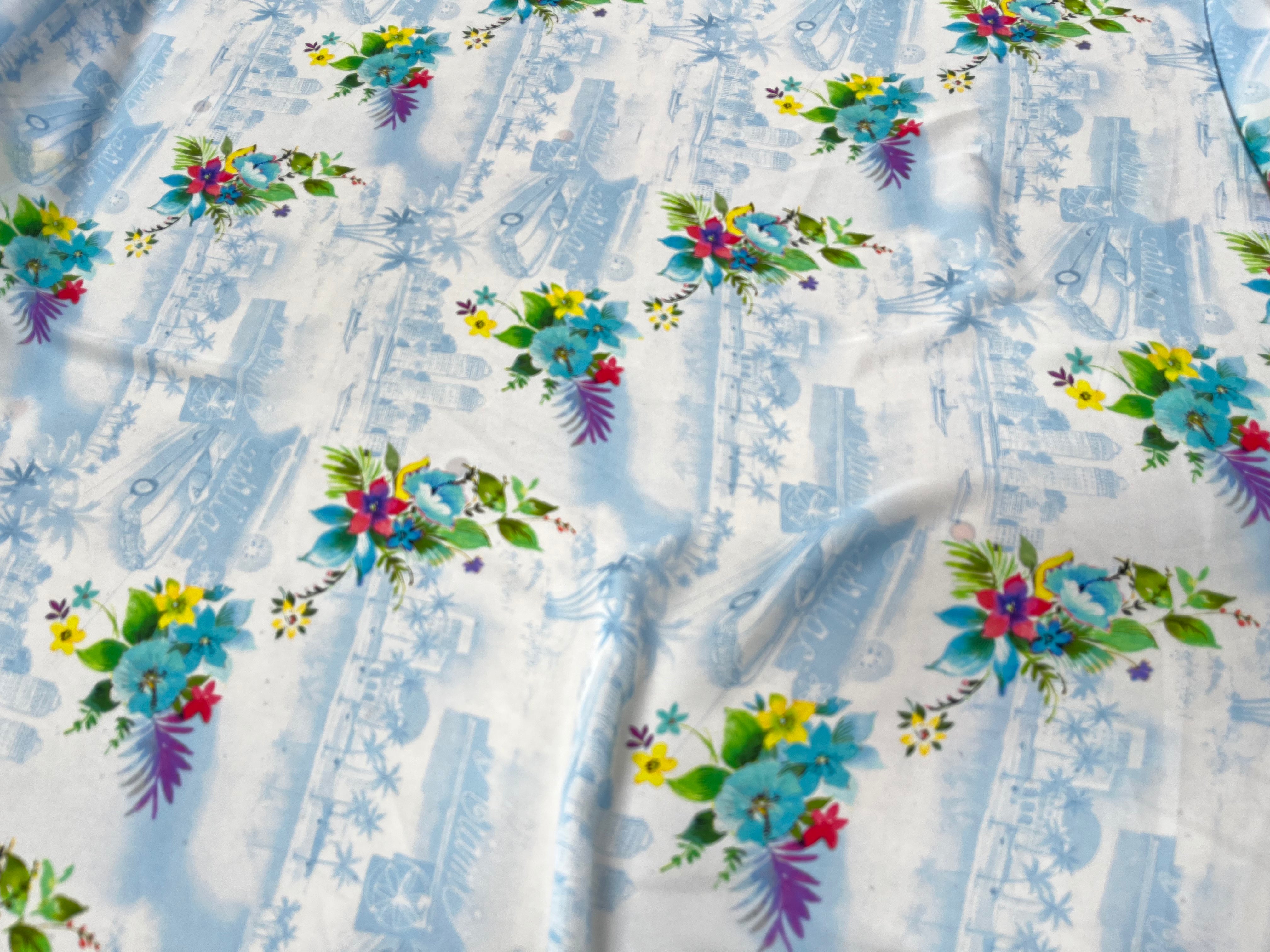 SATIN FLEURS AND CITY IMPRIMÉ TENDANCE BLEU - My Little Coupon