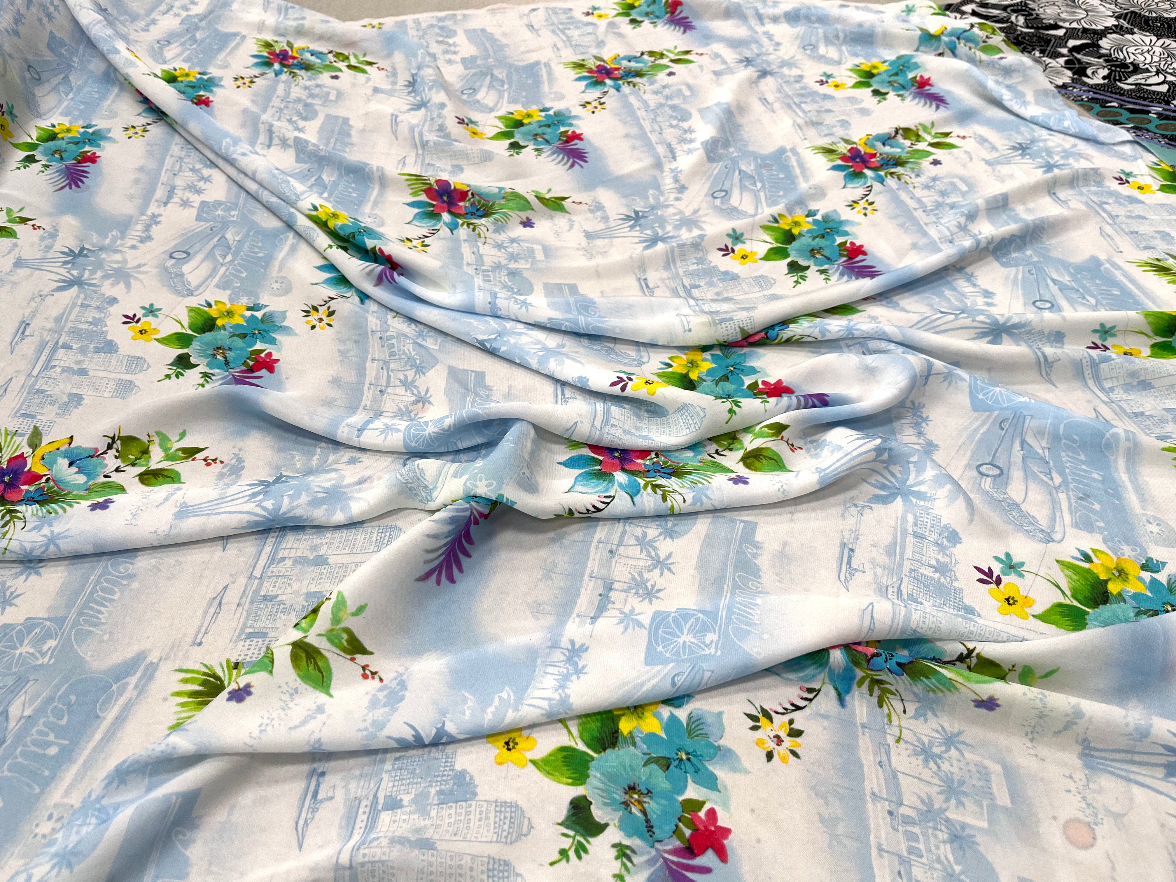 SATIN FLEURS AND CITY IMPRIMÉ TENDANCE BLEU - My Little Coupon