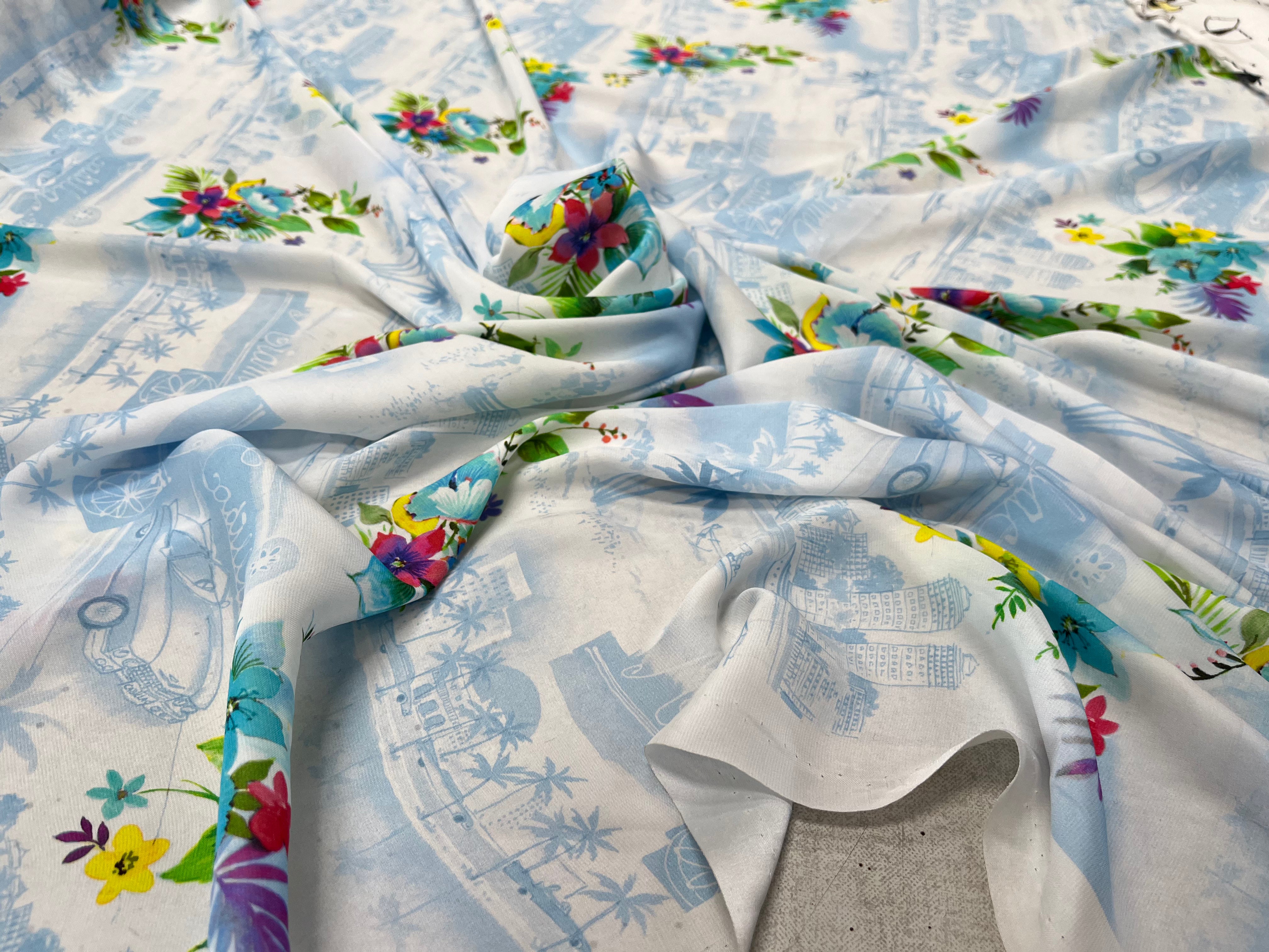 SATIN FLEURS AND CITY IMPRIMÉ TENDANCE BLEU - My Little Coupon