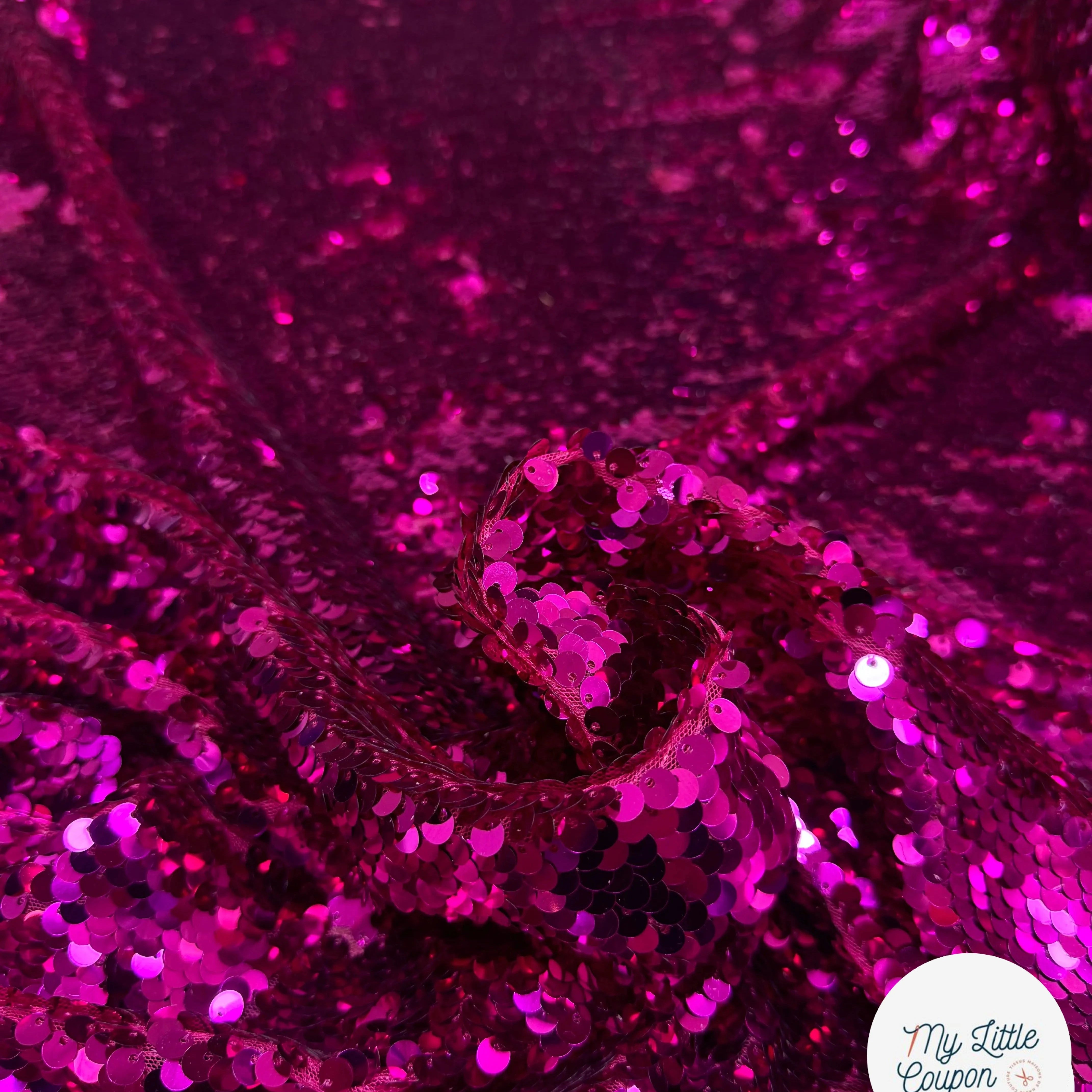 TISSU SEQUIN PAILLETTES SUR TULLE FUCHSIA - My Little Coupon