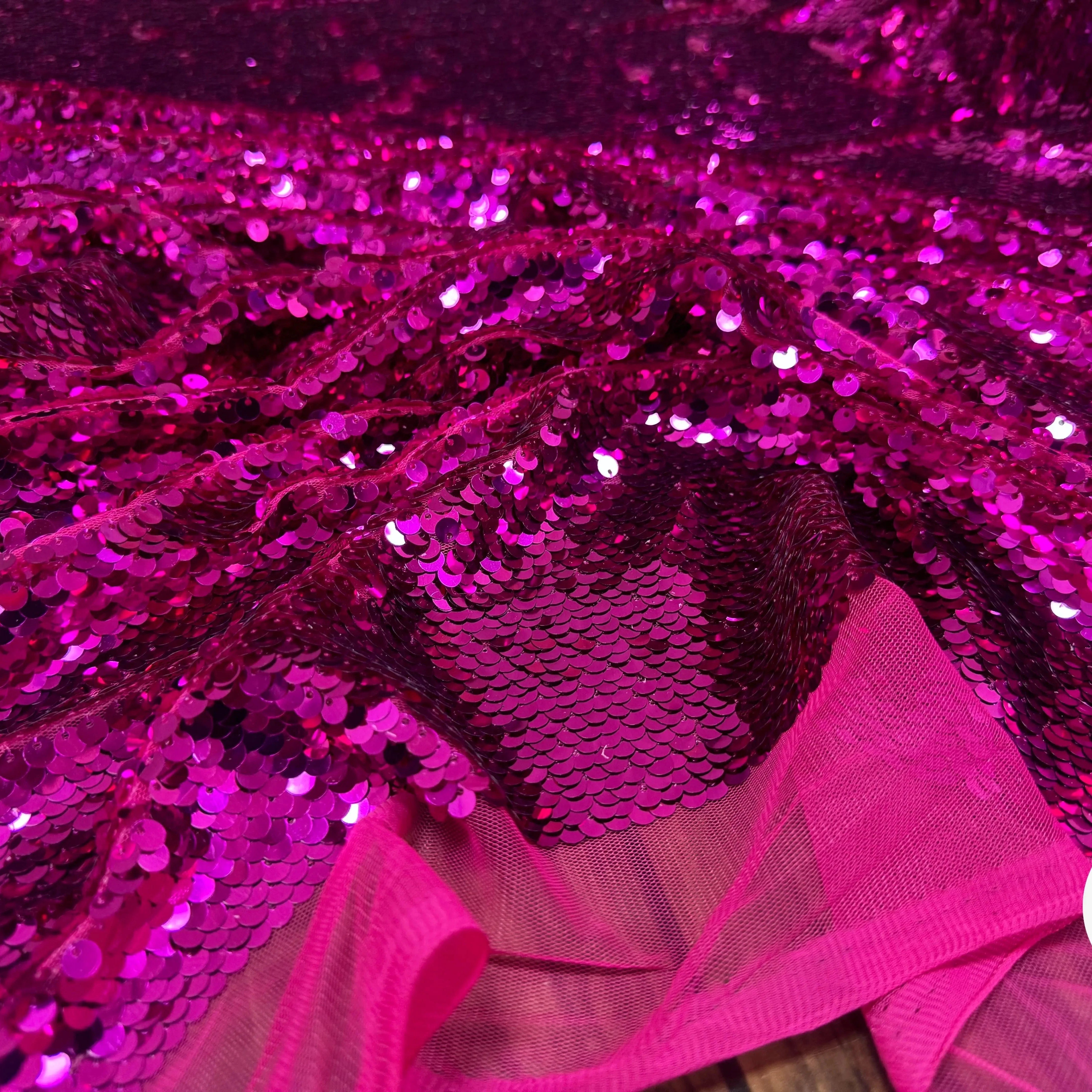 TISSU SEQUIN PAILLETTES SUR TULLE FUCHSIA - My Little Coupon