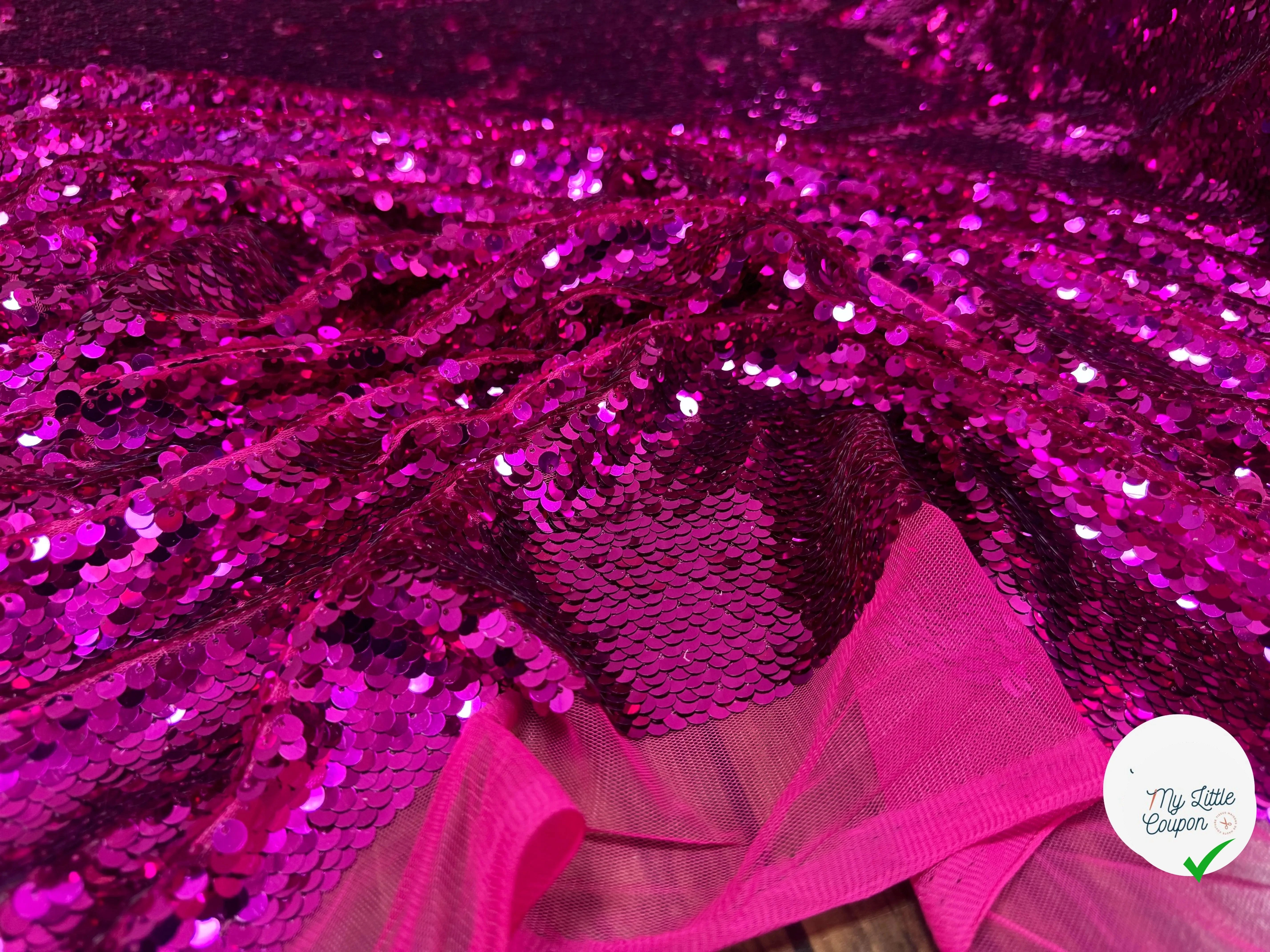 TISSU SEQUIN PAILLETTES SUR TULLE FUCHSIA - My Little Coupon