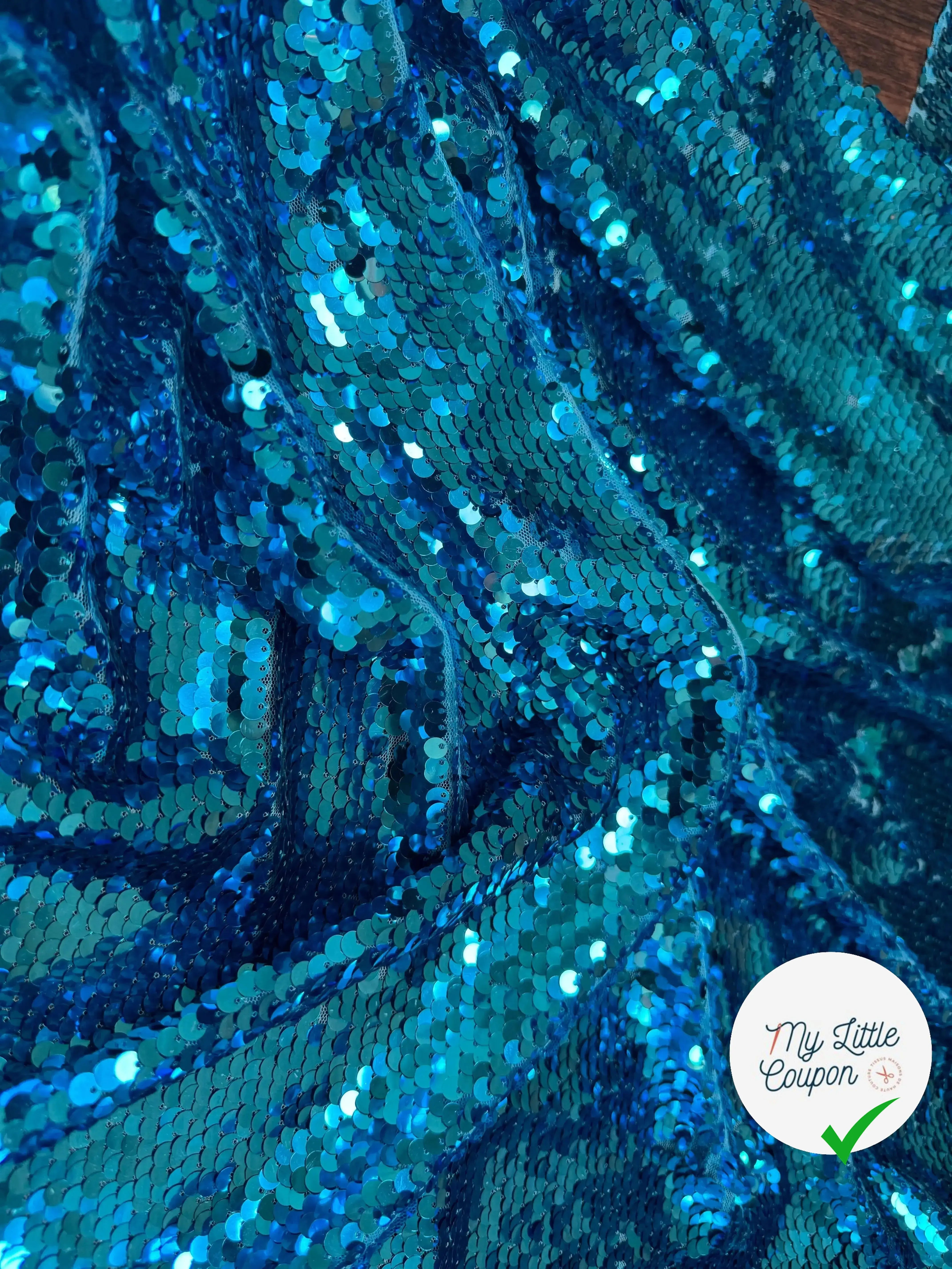 TISSU SEQUIN PAILLETTES SUR TULLE TURQUOISE - My Little Coupon