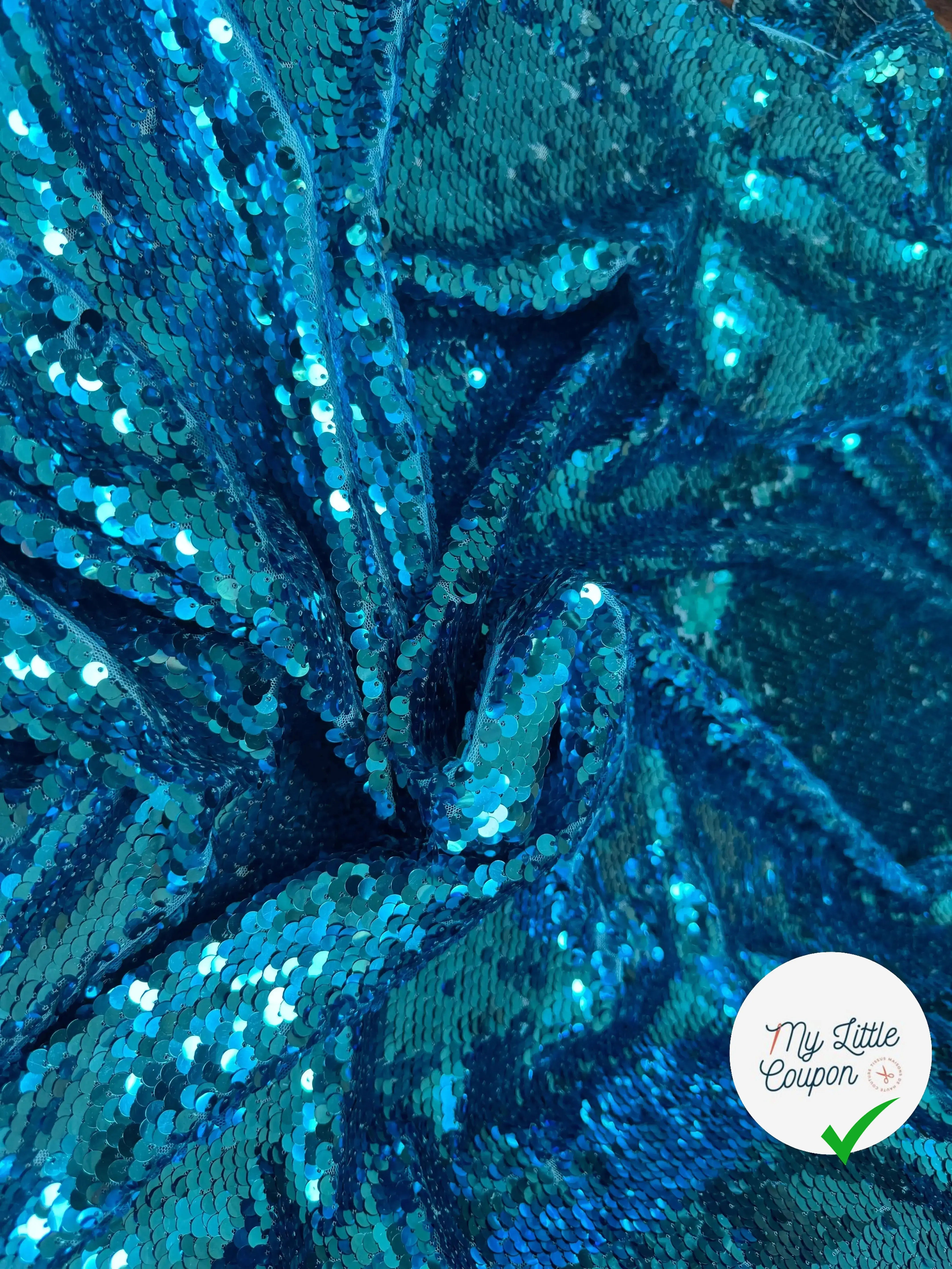 TISSU SEQUIN PAILLETTES SUR TULLE TURQUOISE - My Little Coupon